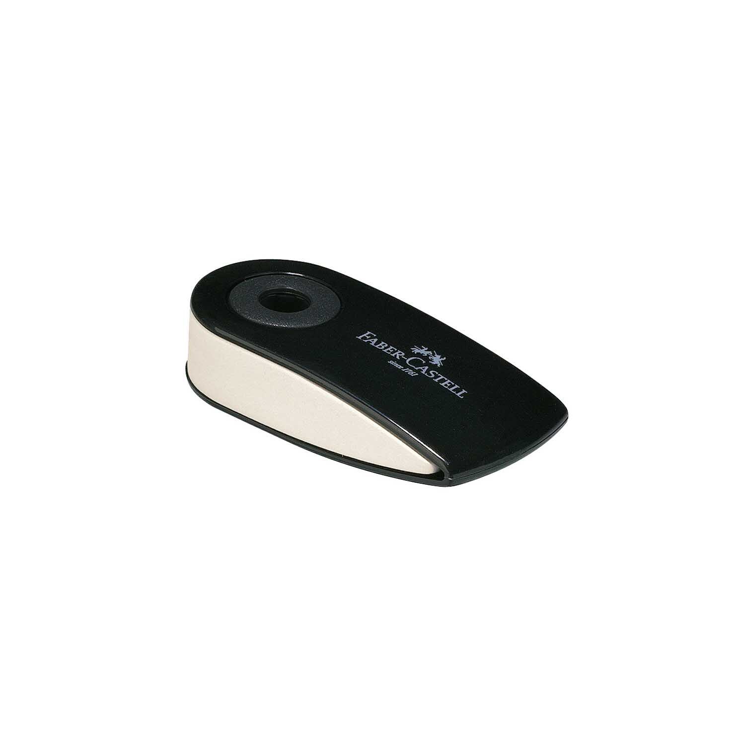 Radierer Sleeve schwarz mini von Faber Castell, kompakt und ergonomisch, auf schwarzem Hintergrund.