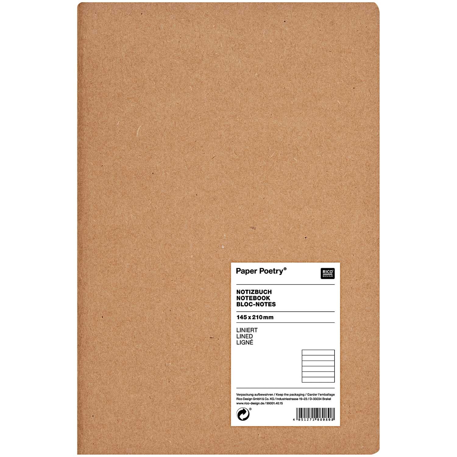 Paper Poetry Notizbuch in A5 mit Kraftpapier-Einband, liniert, von Rico Design, auf weißem Hintergrund.