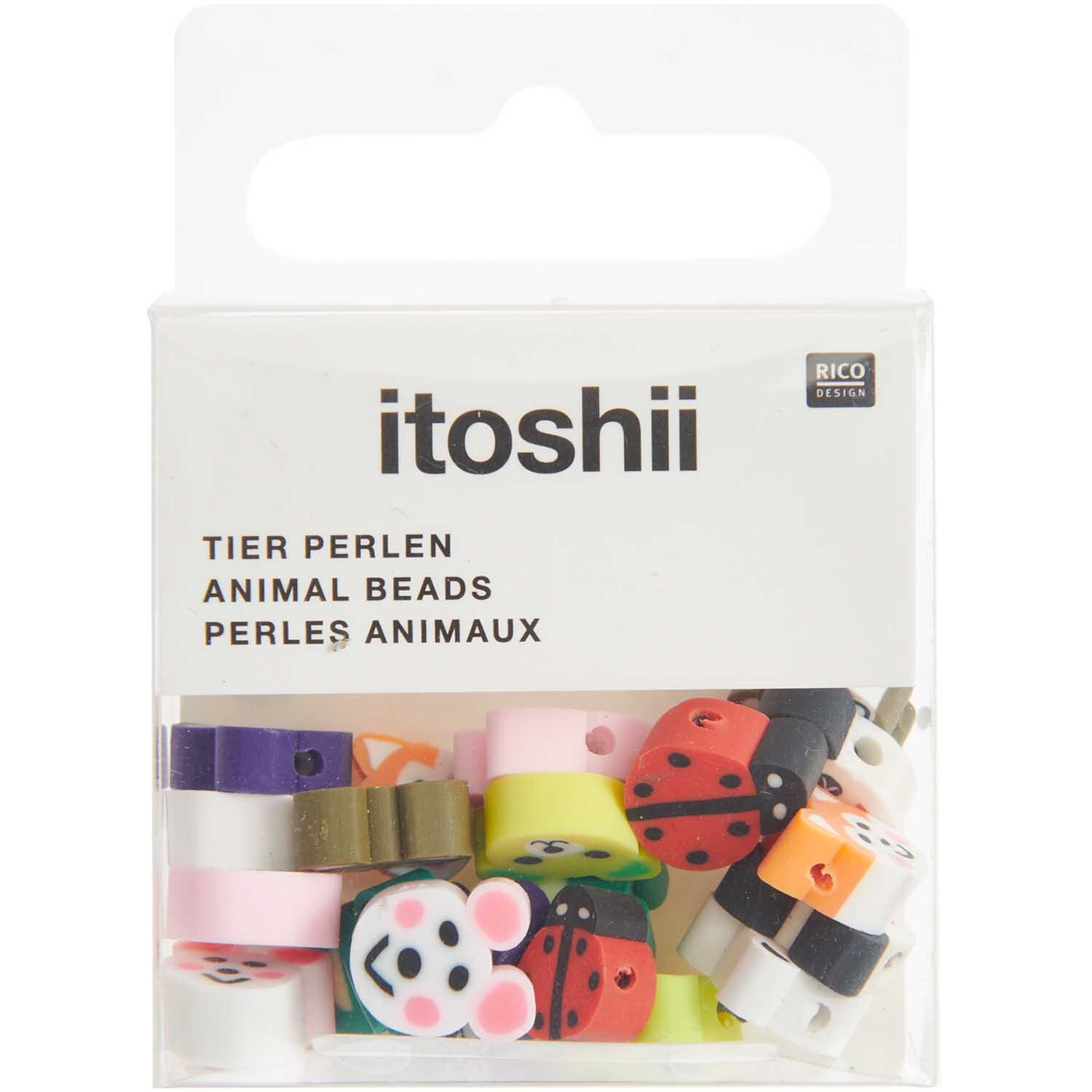 itoshii Tier Perlen 11mm, 20 Stück, bunte Tiermotive in einer transparenten Verpackung von Rico Design.