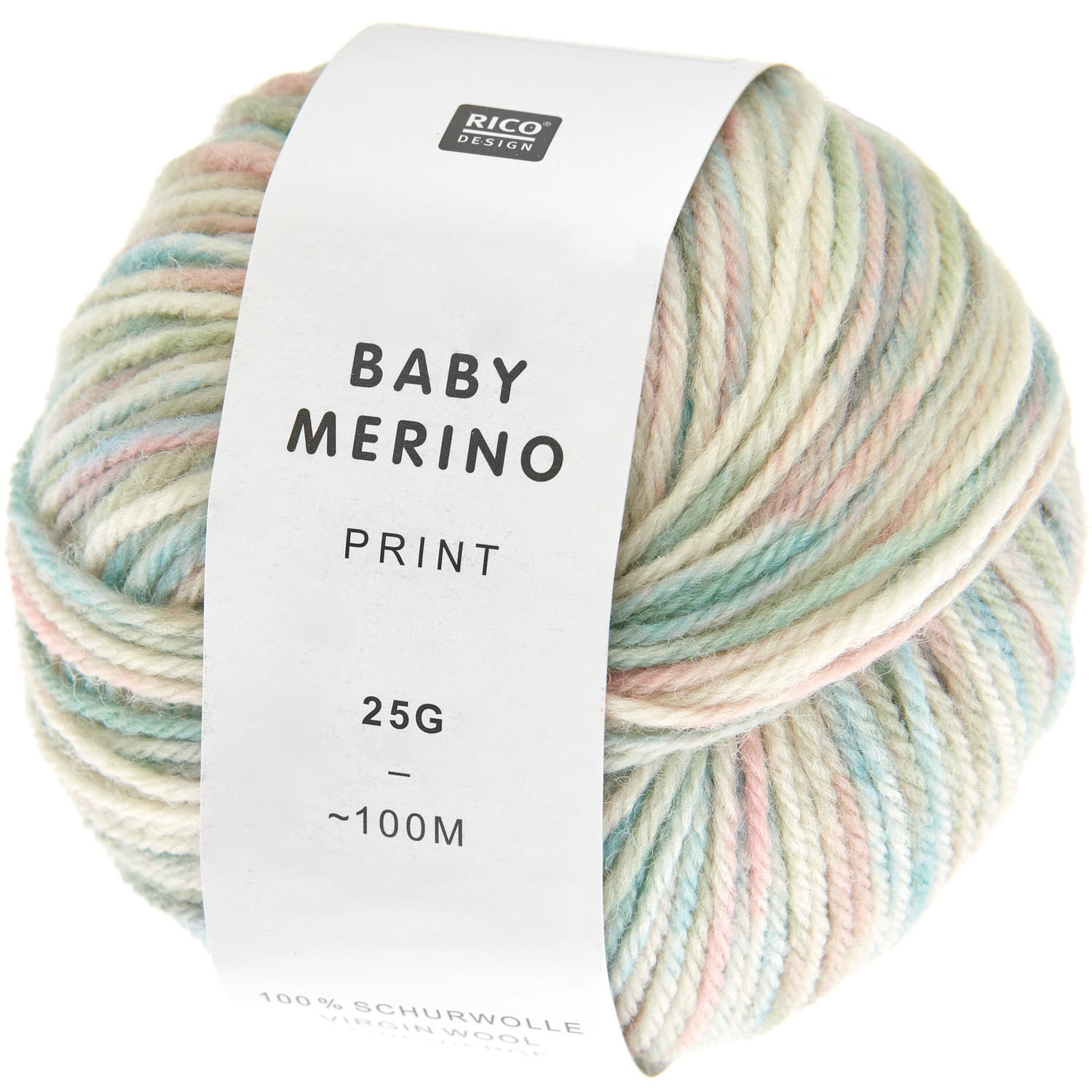 Baby Merino Print: Weiches Garn in Pastelltönen, 25g, 100m, ideal für Strickprojekte.