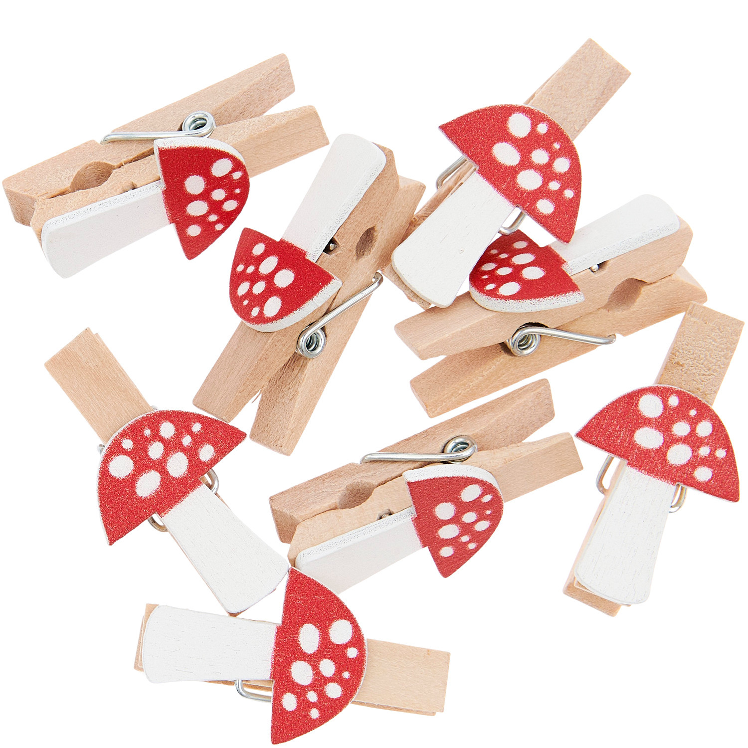 Holzclips Fliegenpilz, 8 Stück, 20x35mm. Weiß-rote Clips mit Pilzmotiv, ideal für kreative Dekorationen.