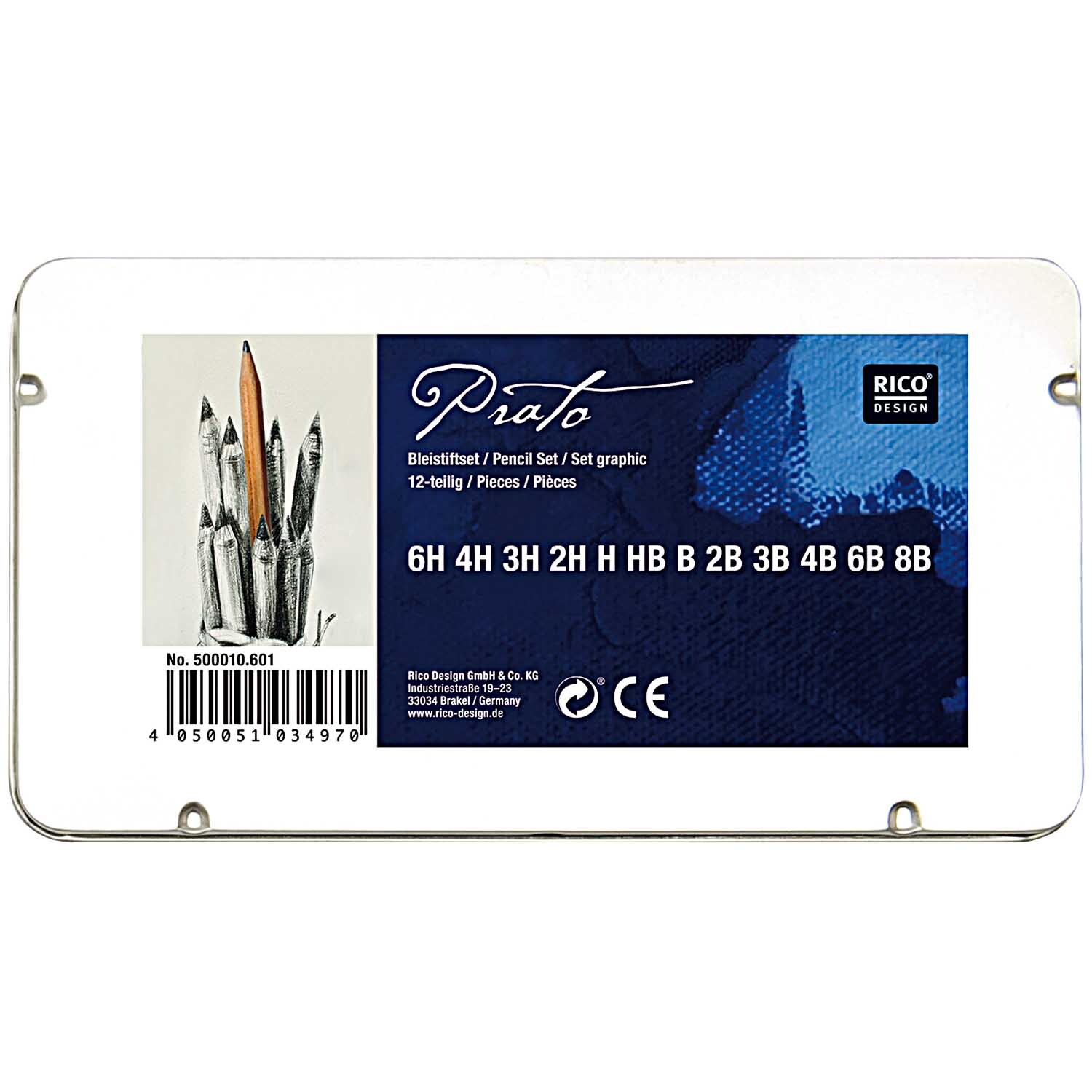 Bleistift Set: 12-teiliges Set von Rico Design in einer Metallbox mit verschiedenen Härtegraden. Ideal für Künstler und Zeichner.