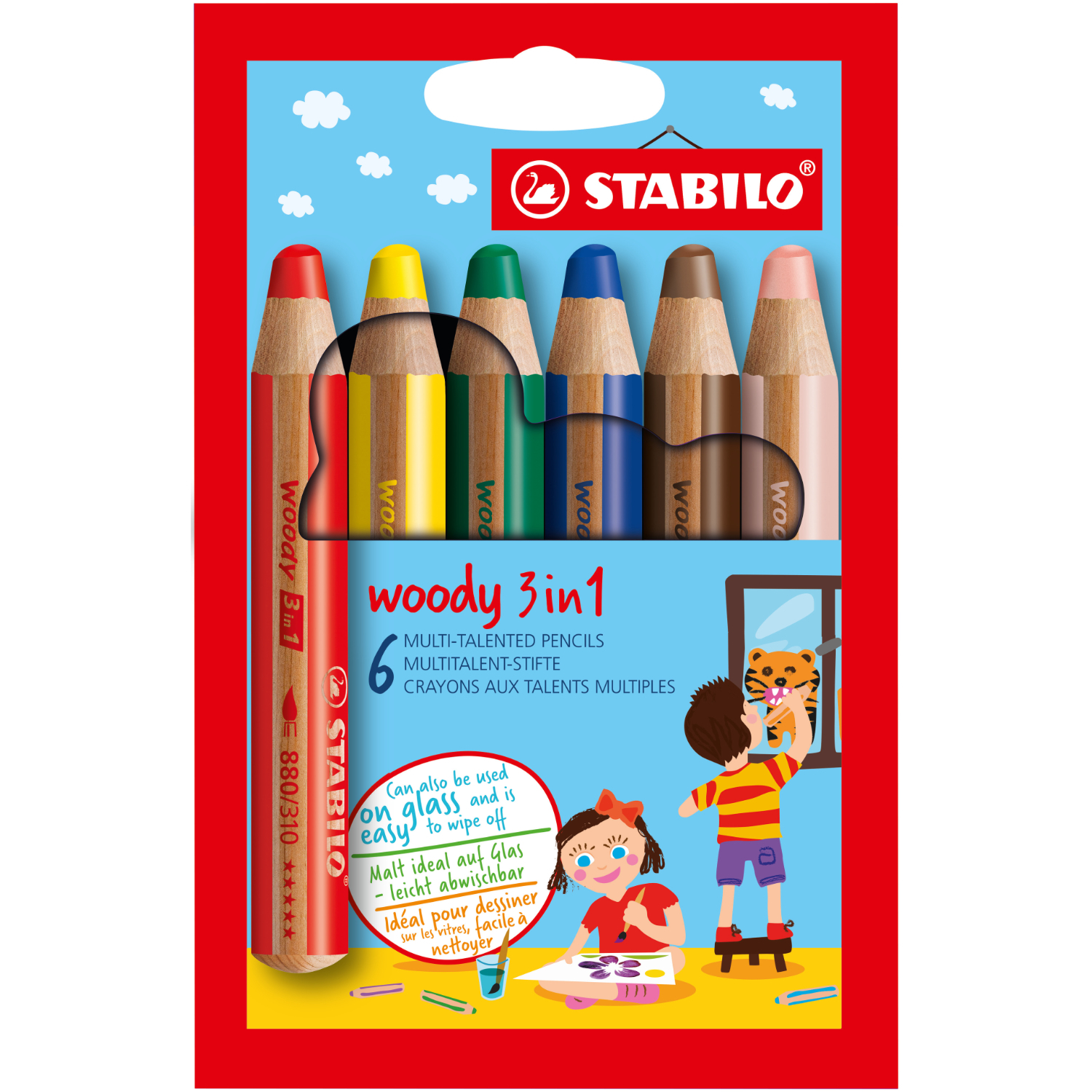 Woody im Etui: Bunte STABILO Stifte, 6 Stück, ideal für Glas und Papier, in leuchtenden Farben.