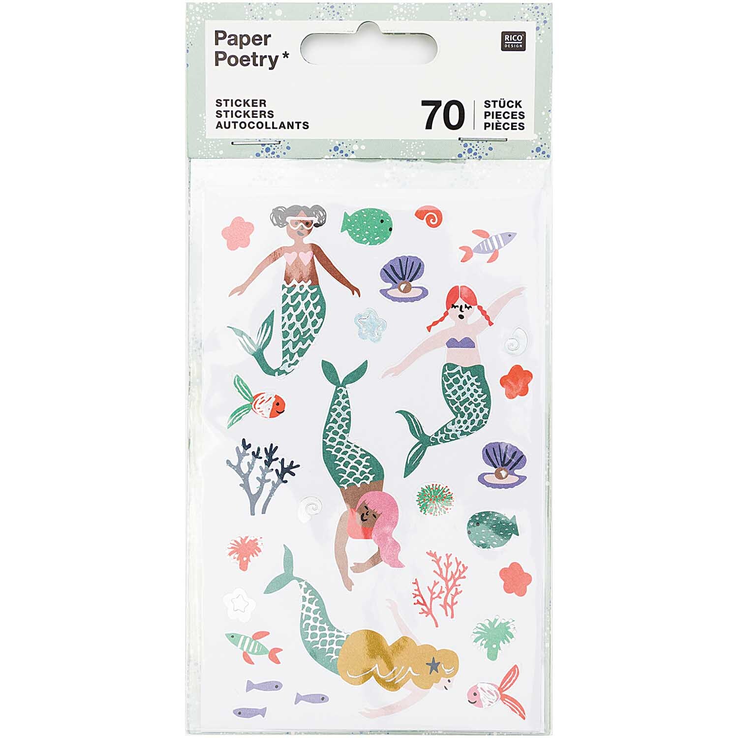 Paper Poetry Sticker Mermaid Meerjungfrauen 70 Stück mit bunten Meerjungfrauen und Meeresmotiven von Rico Design. Ideal für kreative Projekte.
