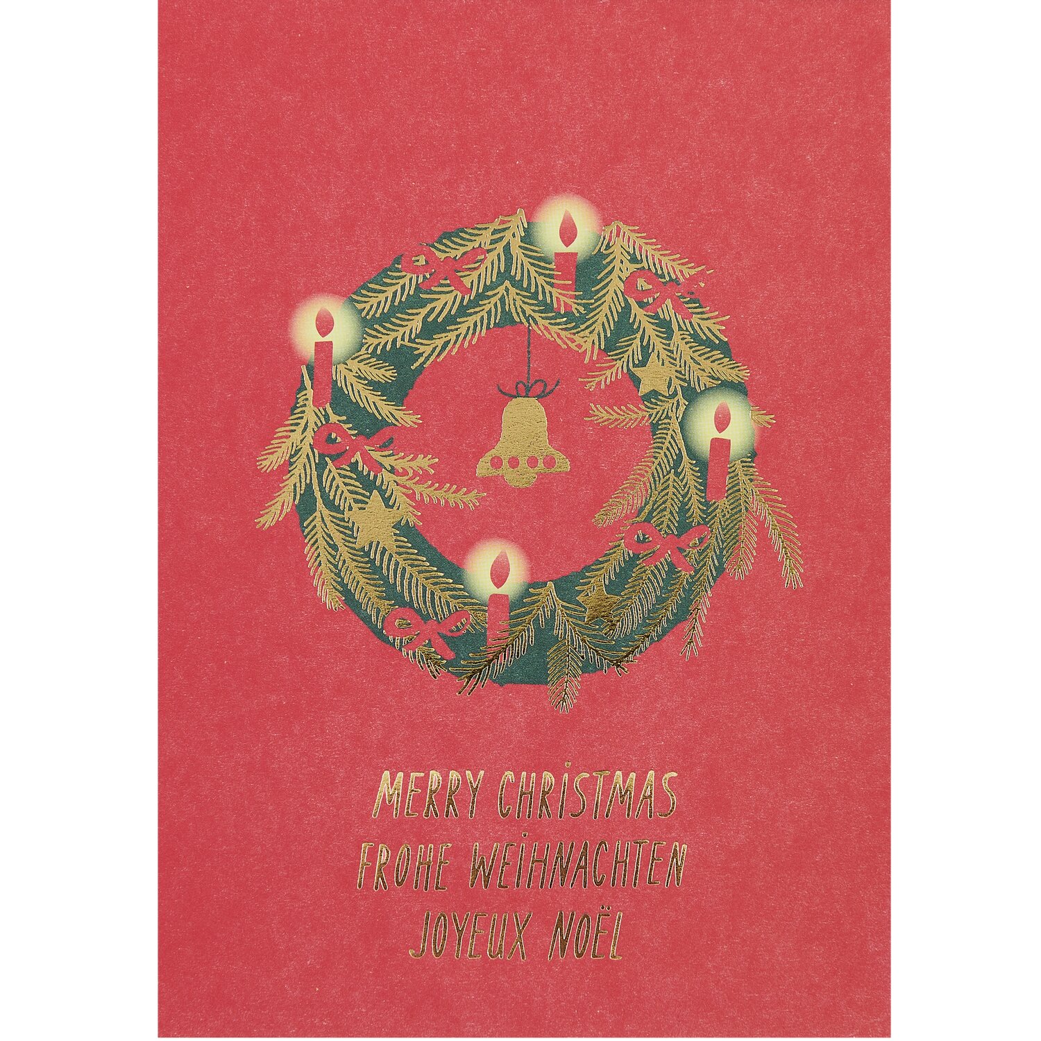 Paper Poetry Postkartenblock Weihnachtsmarkt 10 Stück: Roter Hintergrund mit goldenem Kranz und Kerzen, Text "Merry Christmas".