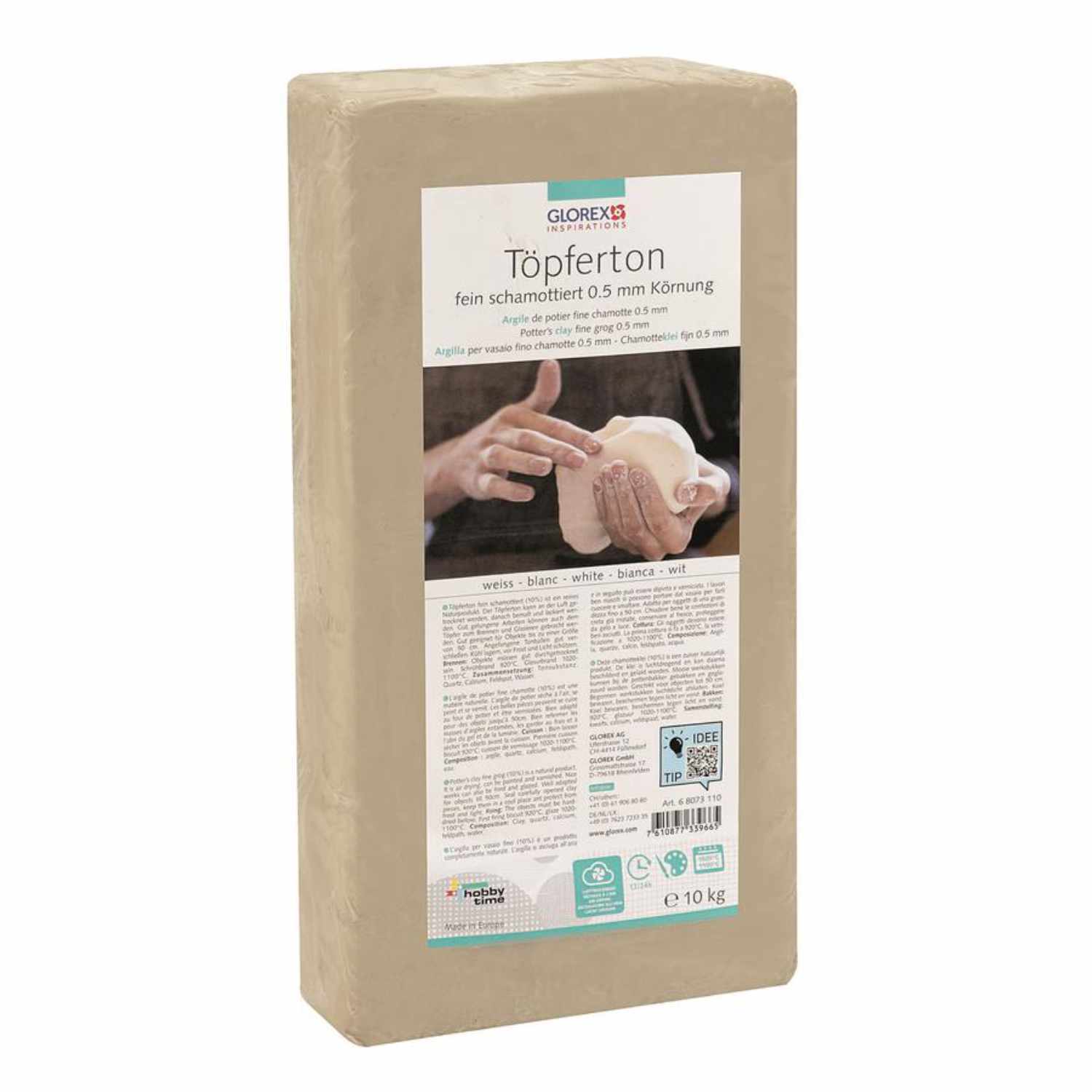 Töpferton feinschamottiert 20% 10kg von Glorex, beige Verpackung mit Bild von Händen beim Töpfern.