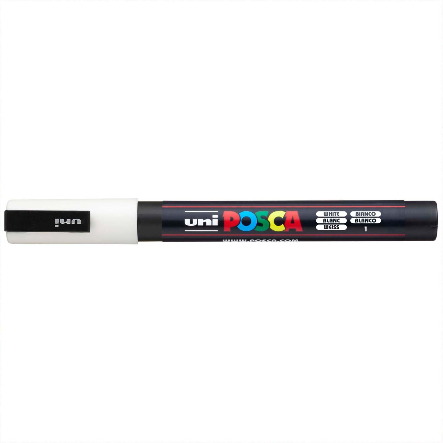 POSCA-Marker PC-3M mit feiner Spitze, ideal für präzises Zeichnen. Weißer Stift von uni.