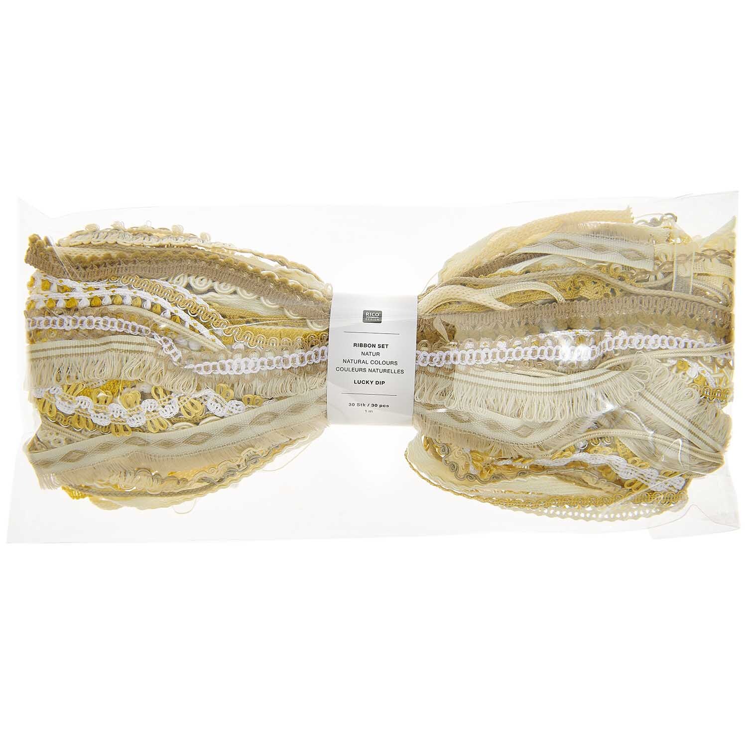 Ribbon Set Lucky Dip 30teilig: Verschiedene Bänder in Naturtönen von Rico Design, ideal für kreative Projekte.