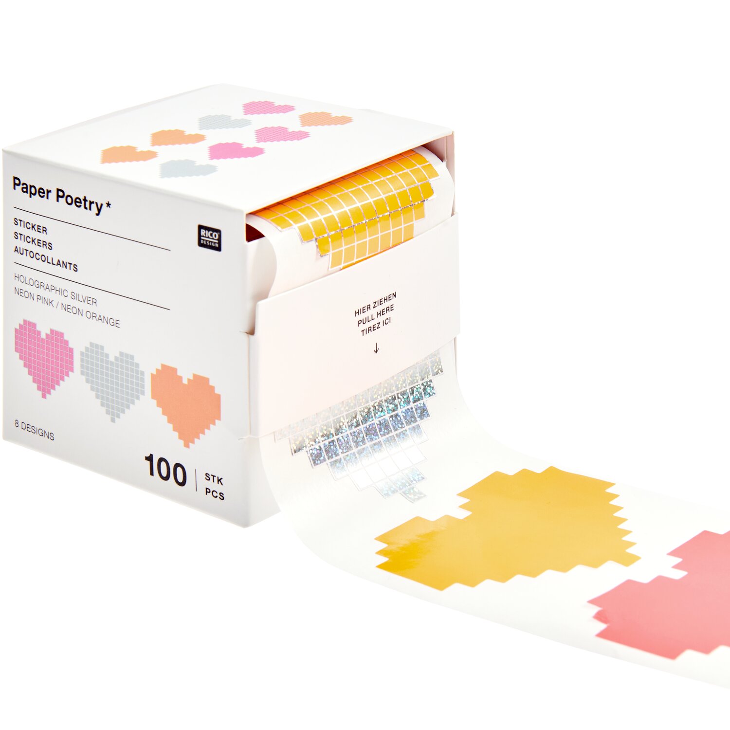 Paper Poetry Sticker Herzen auf der Rolle zeigt Rico Design Spenderbox mit herzförmigen Neonaufklebern und Subtitel Ø5cm 100 Stück für kreative Deko