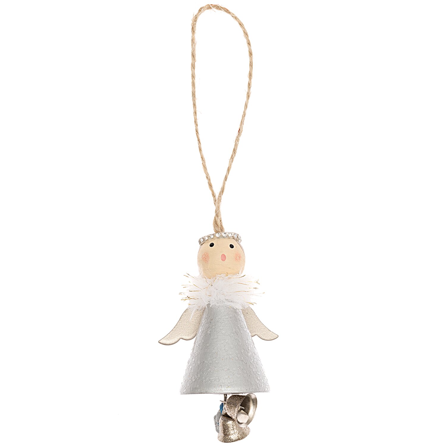 Holzhänger Engel mit Glöckchen silber 8cm: Dekorativer Engel aus Holz mit Glöckchen, ideal für festliche Anlässe.