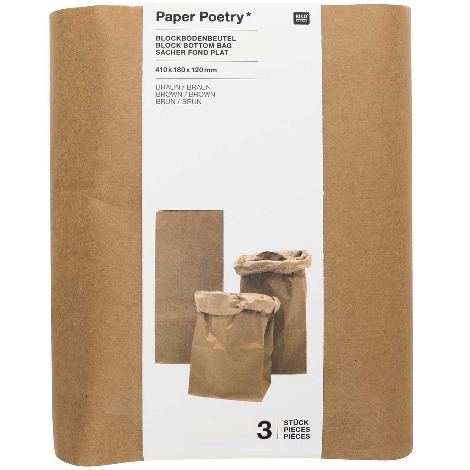 Paper Poetry Maxi-Blockbodenbeutel S, 41x18x12cm, 3 Stück, braun, ideal für kreative Verpackungen.
