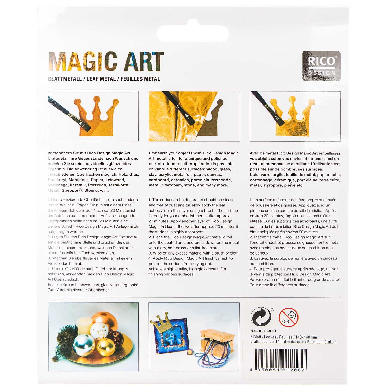 Magic Art Blattmetall 6 Blatt zeigt goldene Blätter von Rico Design, ideal für kreative Projekte.