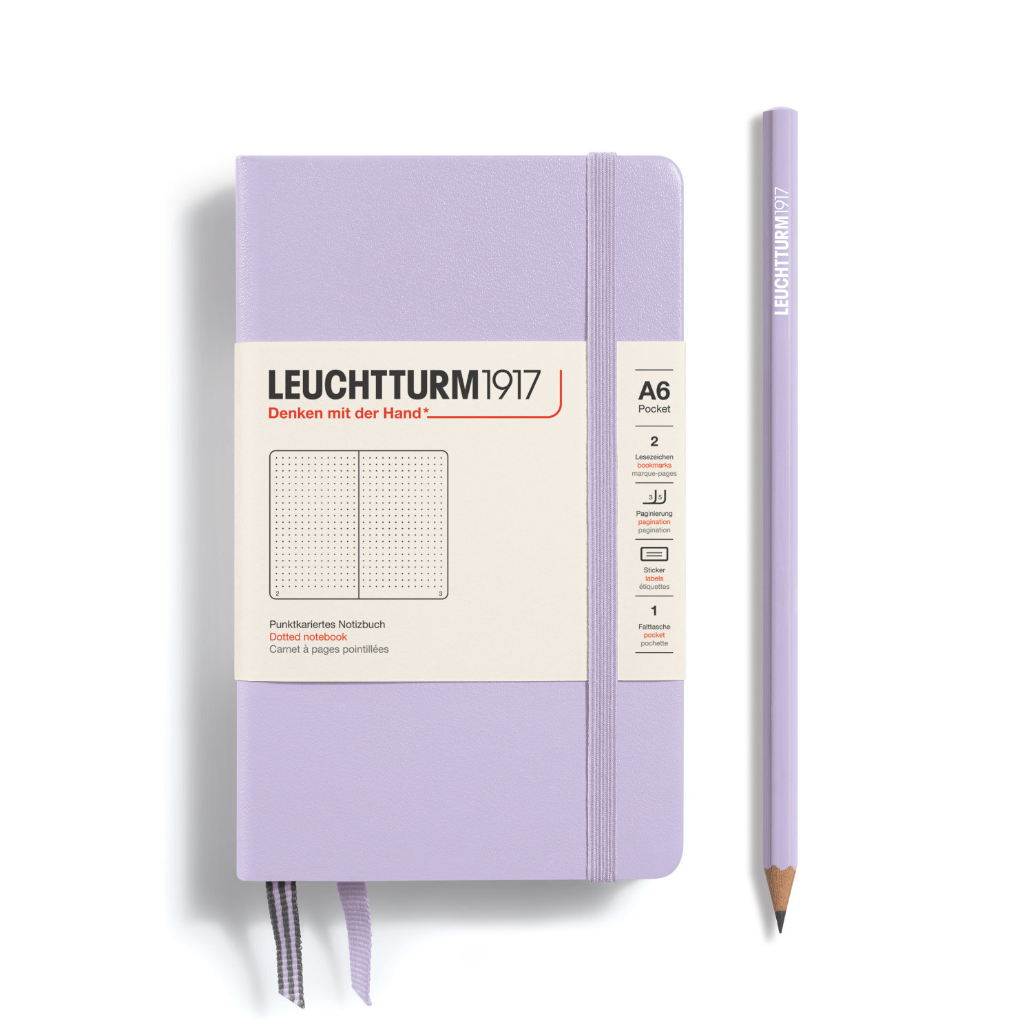 Notizbuch Pocket dotted Hardcover A6 in zartem Lila mit passendem Bleistift von LEUCHTTURM1917.