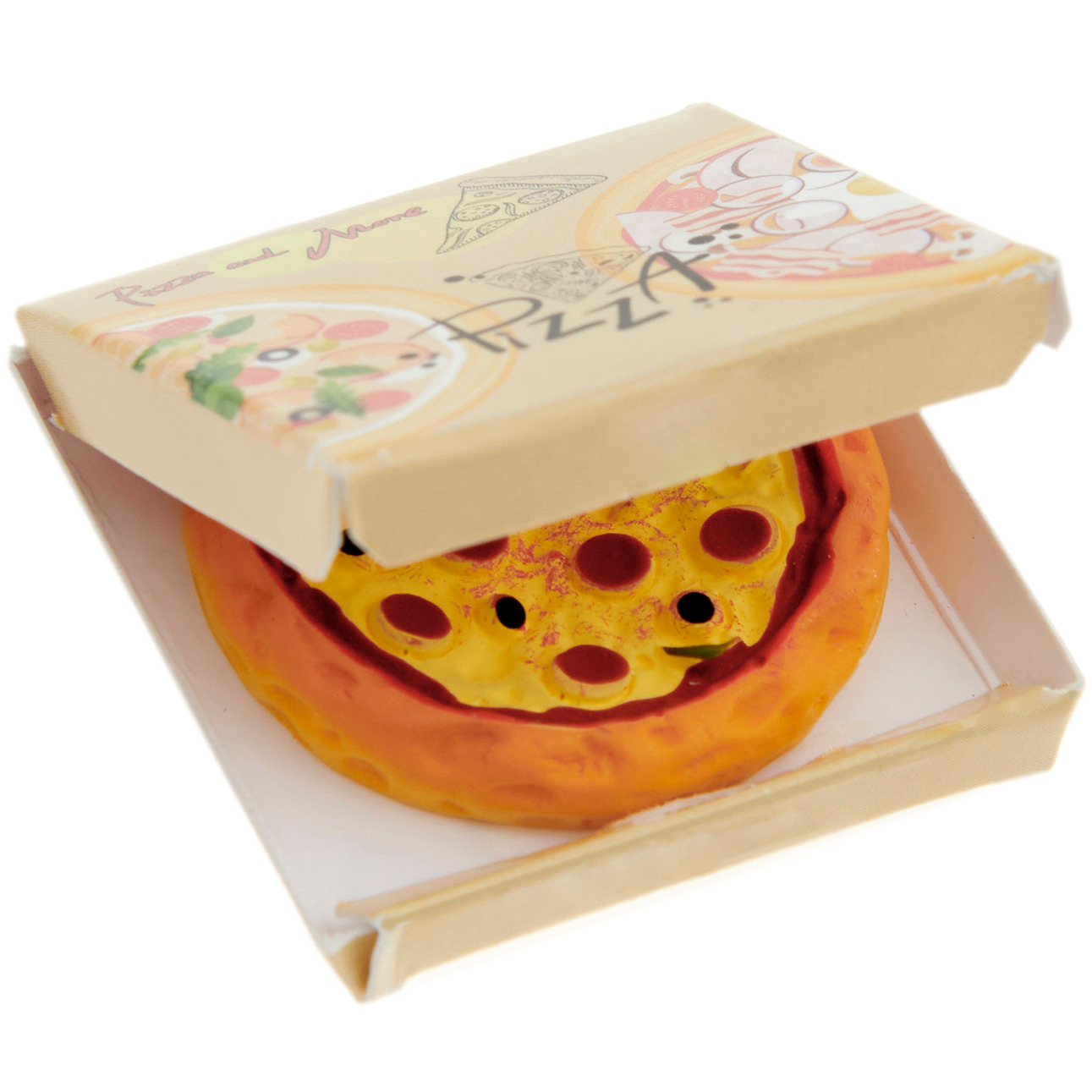 Miniatur Pizza im Pizzakarton, gelb-orange, 3,2x3,2cm, in offenem Karton mit Pizzamotiv.