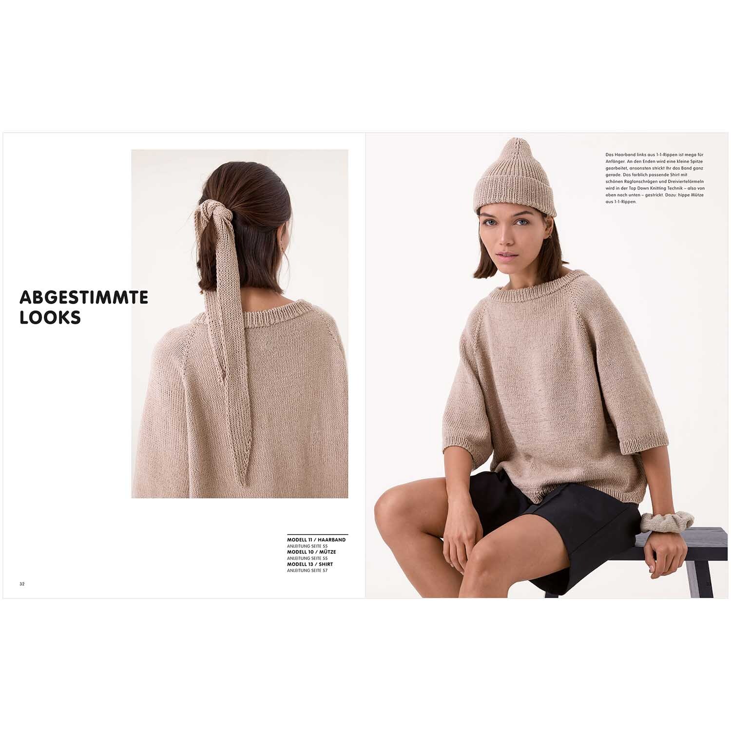 Luxury Knits Summer Special: Frau in beigem Strickpullover und Mütze von Rico Design, sitzt auf Bank.