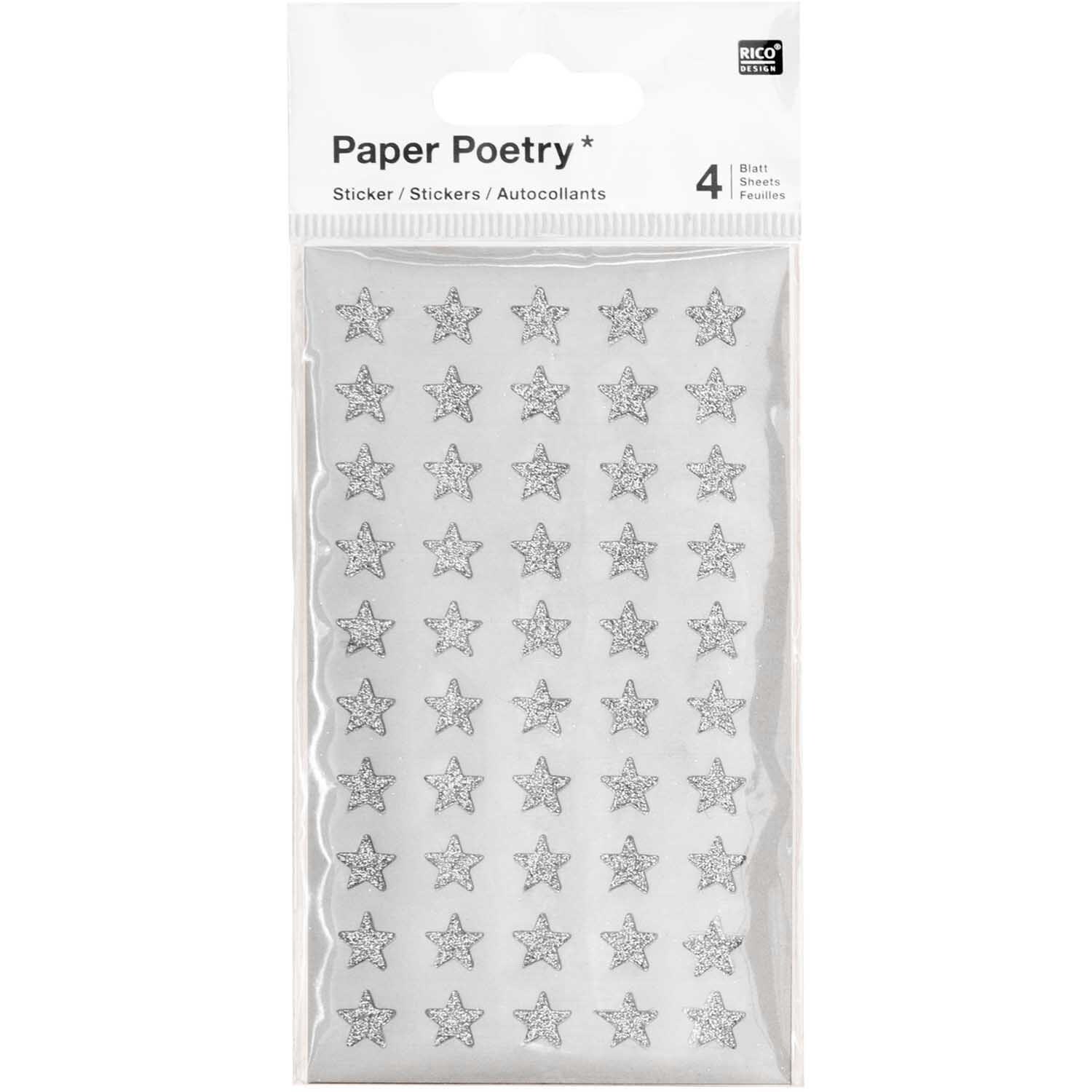 Paper Poetry Sticker Sterne Glitter silber 4 Blatt von Rico Design
