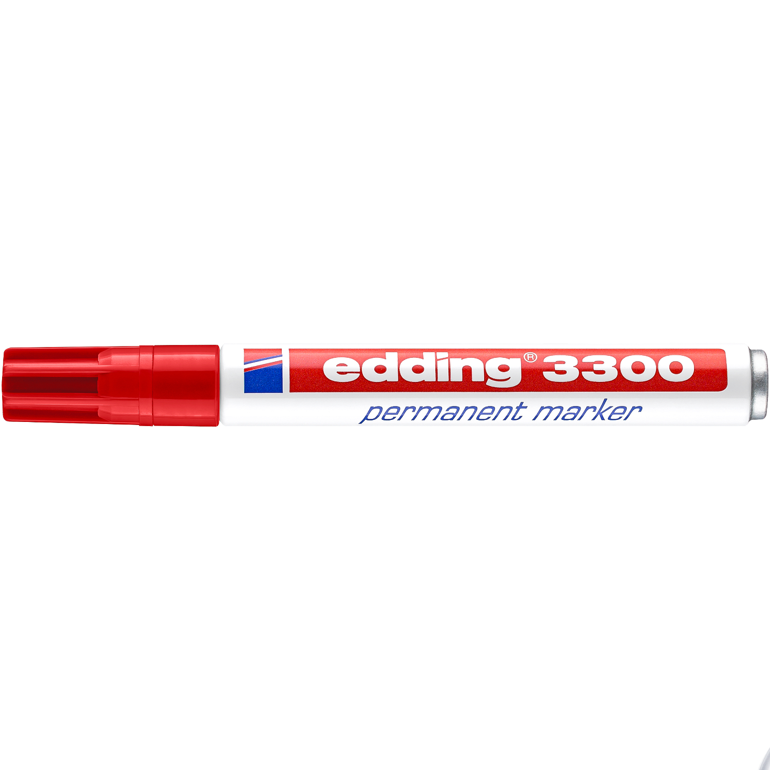 3300 Permanentmarker rot 1,5-5mm von edding, liegend mit roter Kappe und weißem Schaft.
