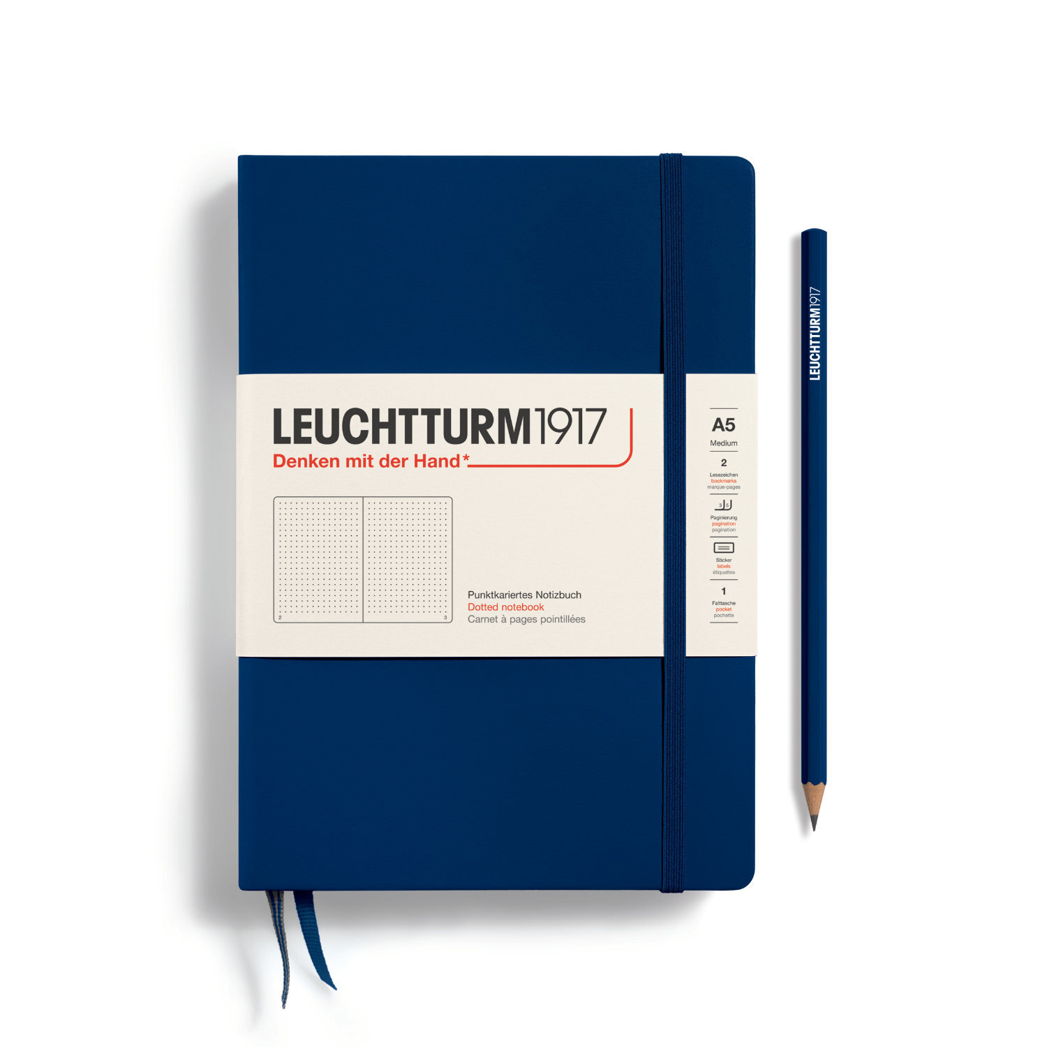 Notizbuch Medium dotted Hardcover A5 in Marineblau mit elastischem Verschlussband und Stiftschlaufe, von LEUCHTTURM1917.
