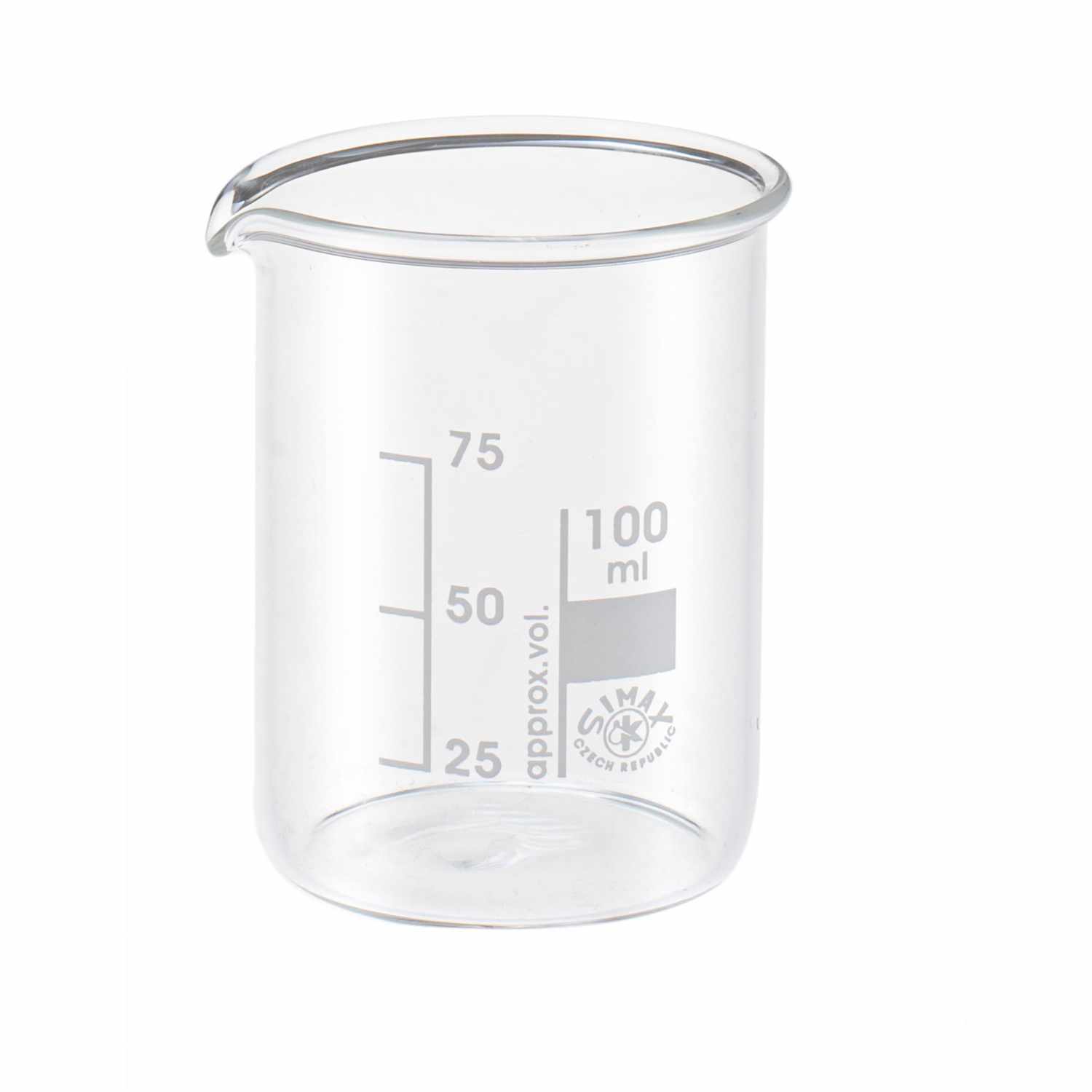 Becherglas von Glorex, transparent, mit Messskala bis 100 ml, ideal für Laboranwendungen.