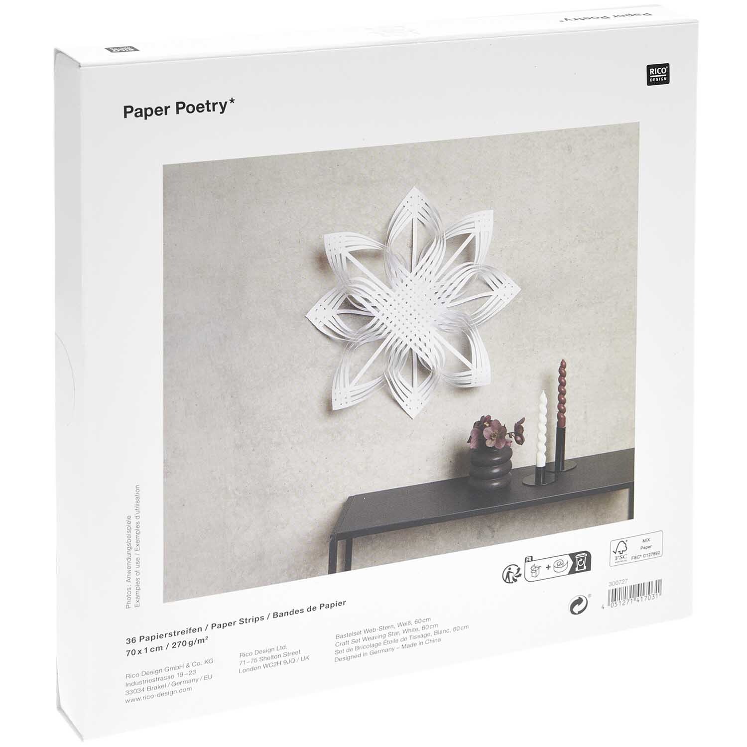 Paper Poetry Web-Stern Größe L 270g/m2: Weißer Papierstern von Rico Design an einer Wand, dekorativ und elegant.