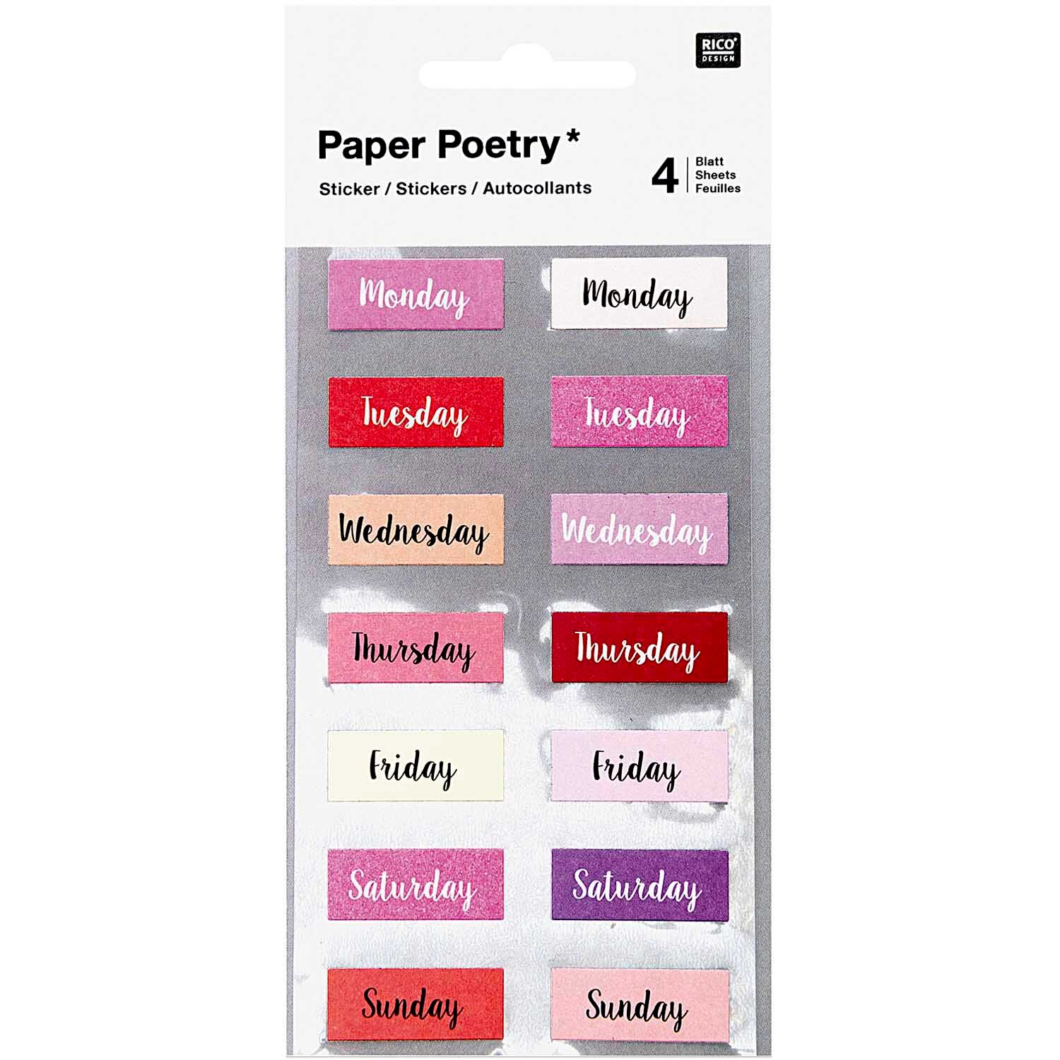 Paper Poetry Sticker Wochentage in Rosa von Rico Design, 56 Stück. Enthält bunte Wochentagssticker.