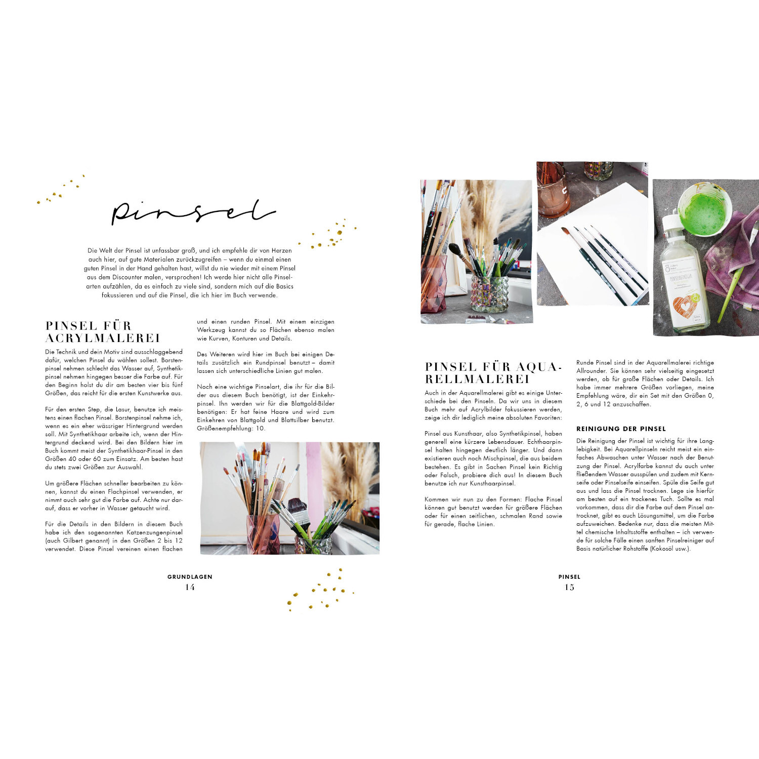 Shine – Art for Home: Doppelseite mit Pinselbildern und Texten über Acryl- und Aquarellmalerei.