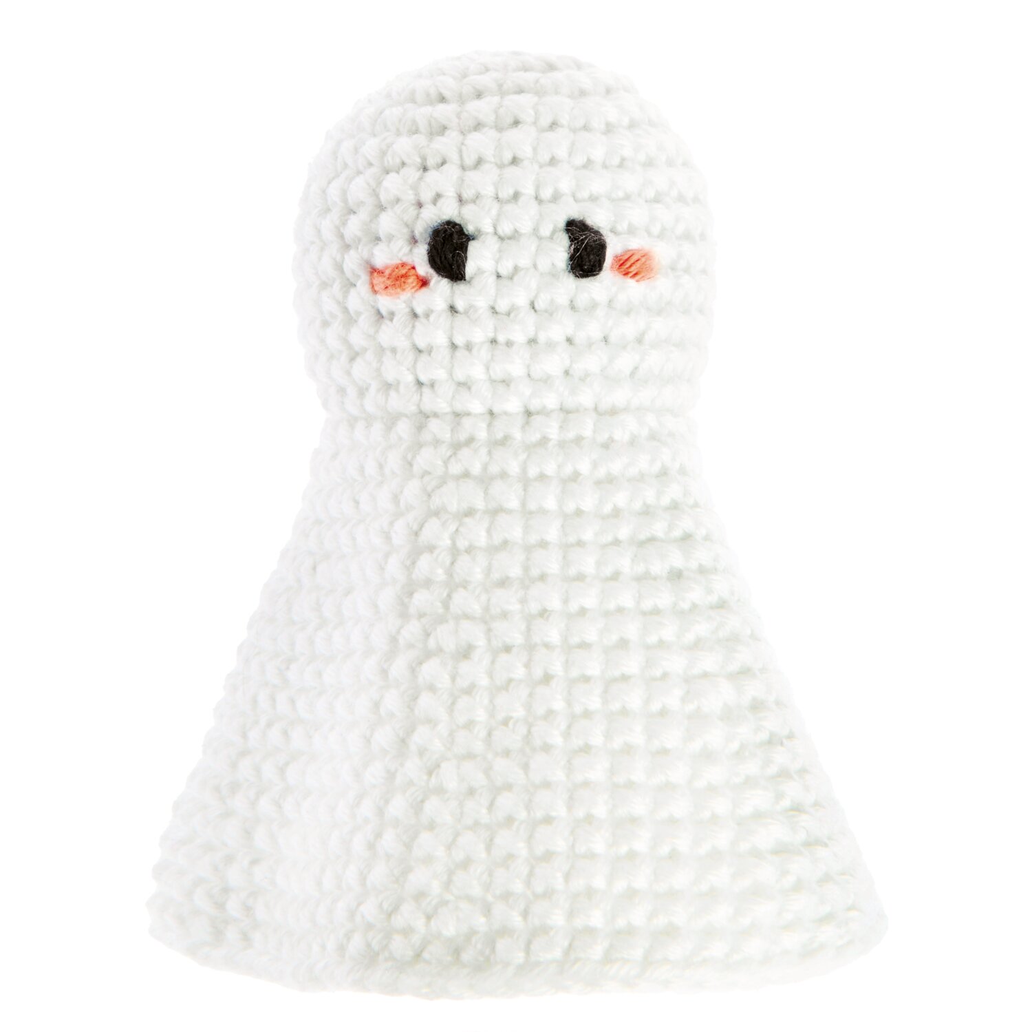 Ricorumi In the Meadow zeigt ein gehäkeltes Geist-Amigurumi mit strukturiertem Körper, schwarzen gestickten Augen und orangenen Wangen, ideal als Halloween-Deko
