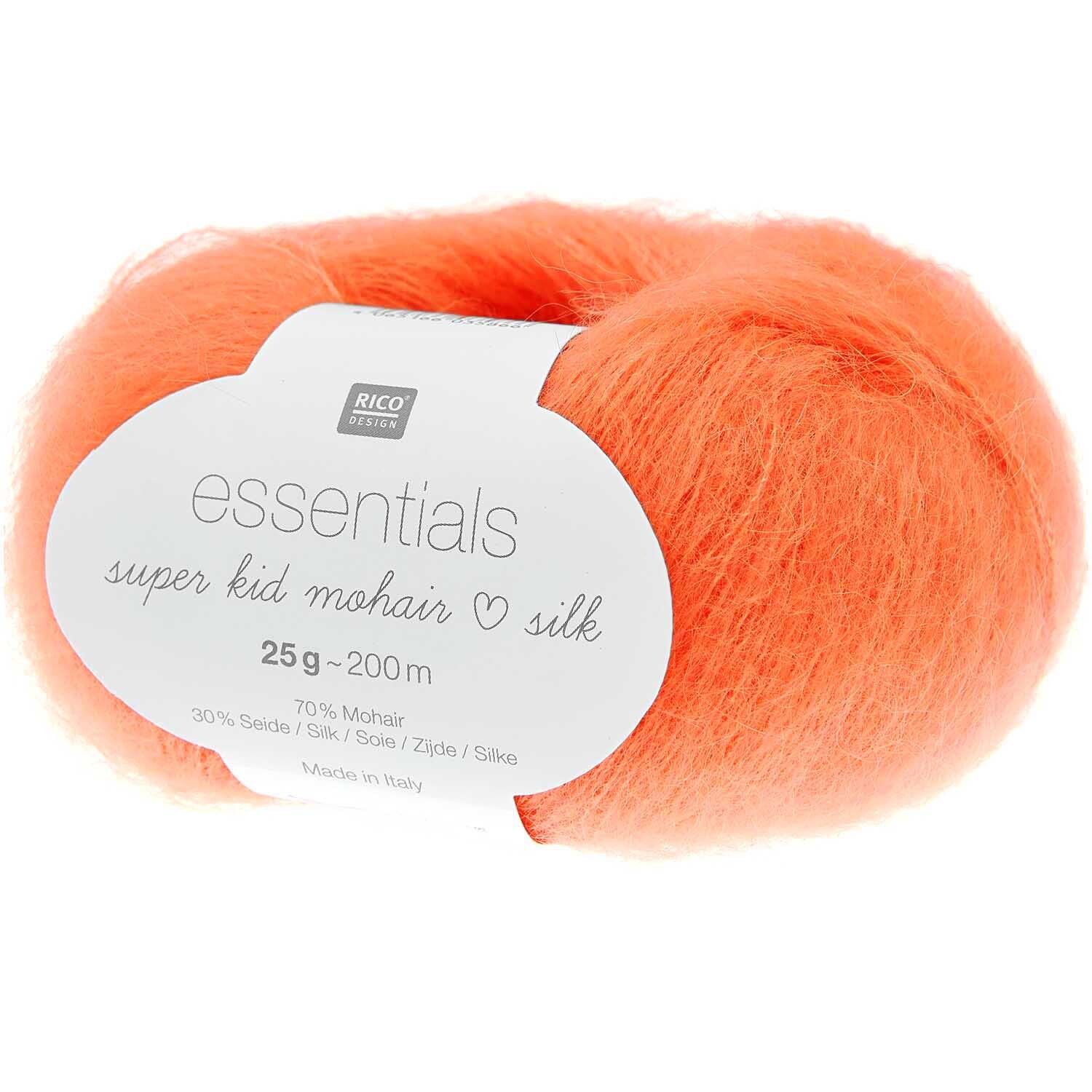Essentials Super Kid Mohair Loves Silk: Neon-orange Wolle von Rico Design, 25g Knäuel, ideal für Stricksets.