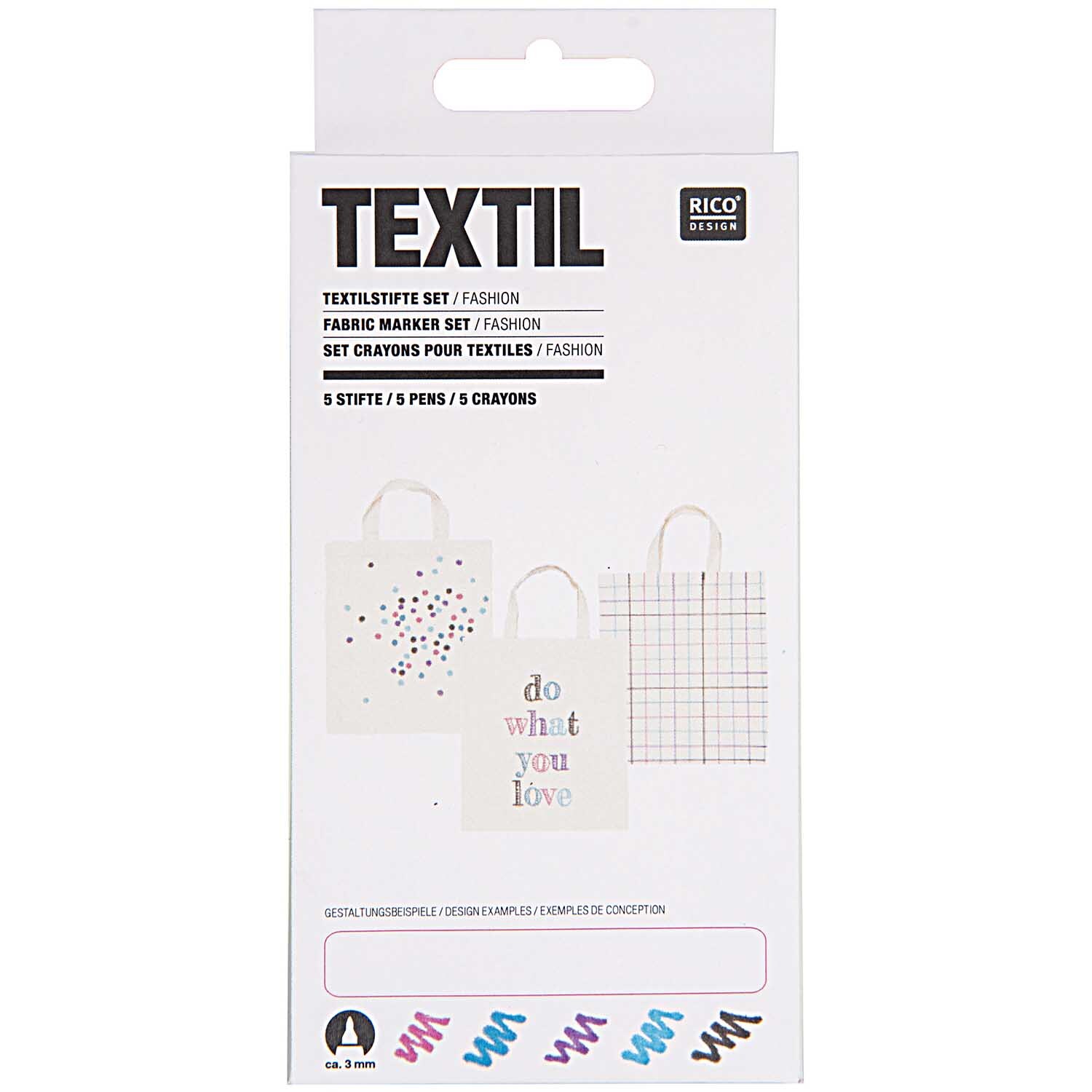 Textilstifte fashion von Rico Design, 5 Stück, ideal zum Gestalten von Stoffen in lebendigen Farben.