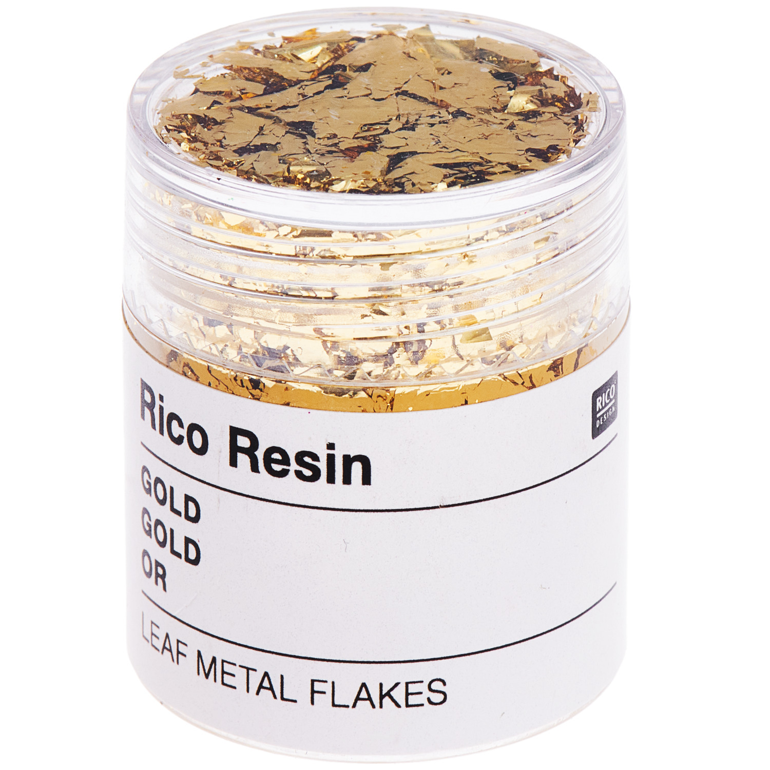 Blattmetall für Resin, 5ml, von Rico Design. Goldene Metallflocken in transparentem Behälter für kreative Projekte.