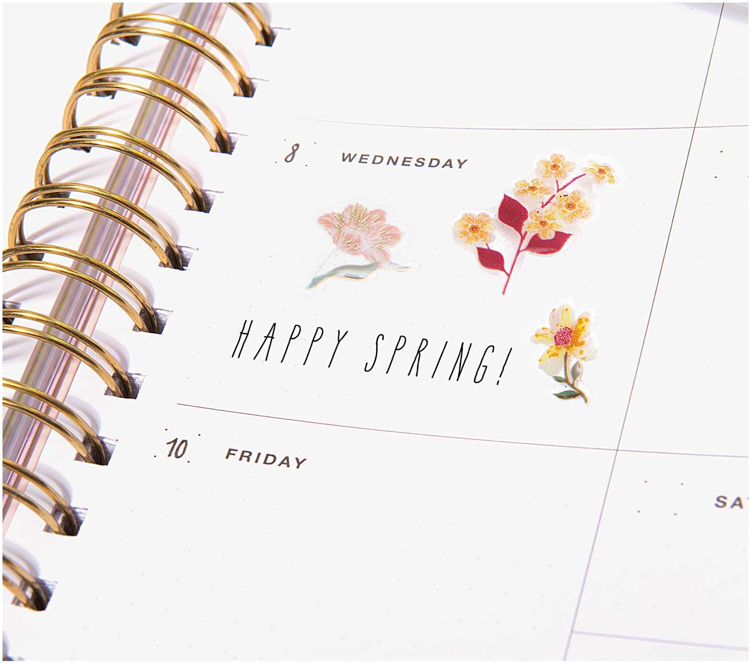 Paper Poetry Gelsticker Nature Matters rosa auf einem Kalender mit floralen Motiven und "Happy Spring!" Text. Ideal für kreative Dekorationen.