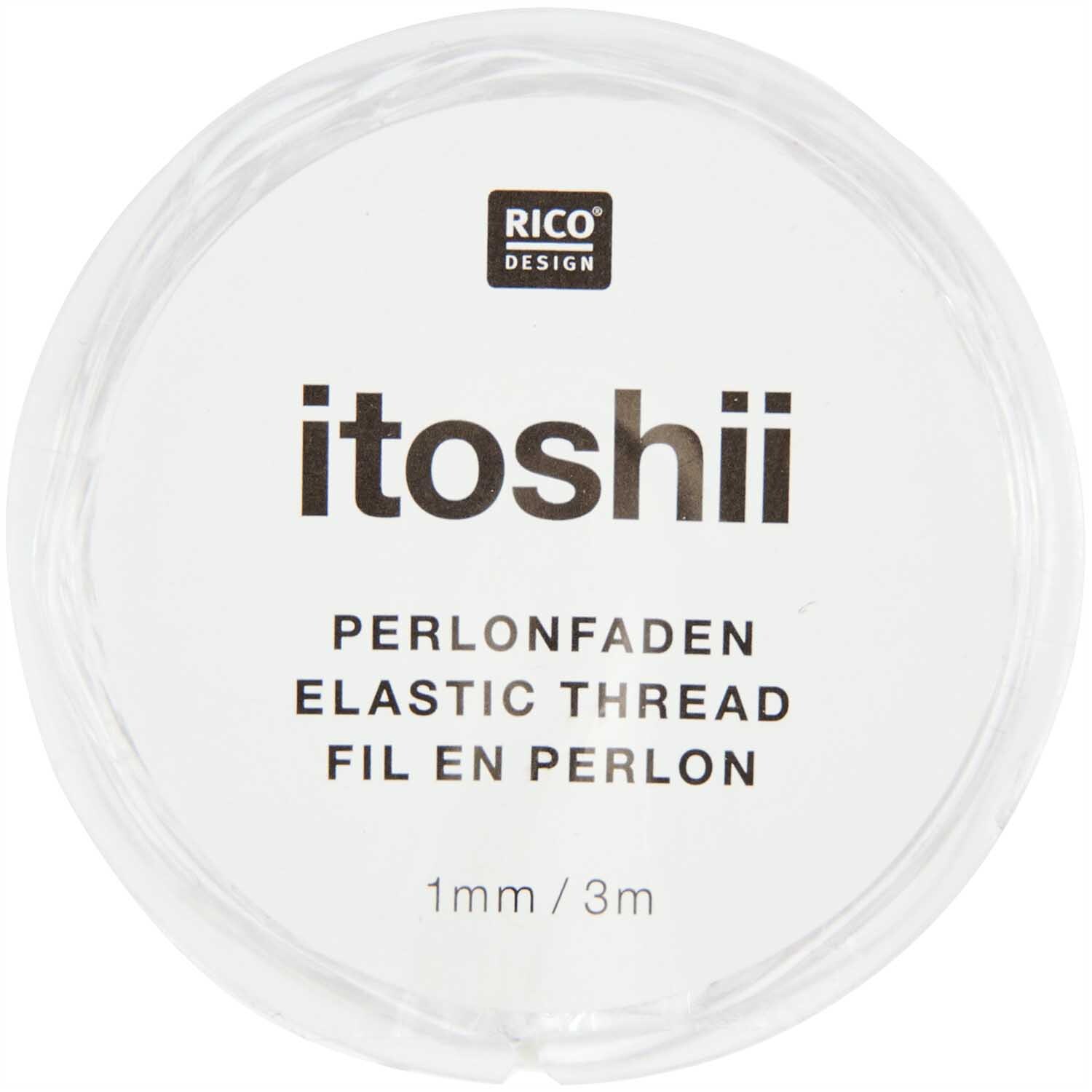 Itoshii Perlonfaden elastisch transparent 1mm 3m von Rico Design, auf weißem Hintergrund in runder Verpackung.