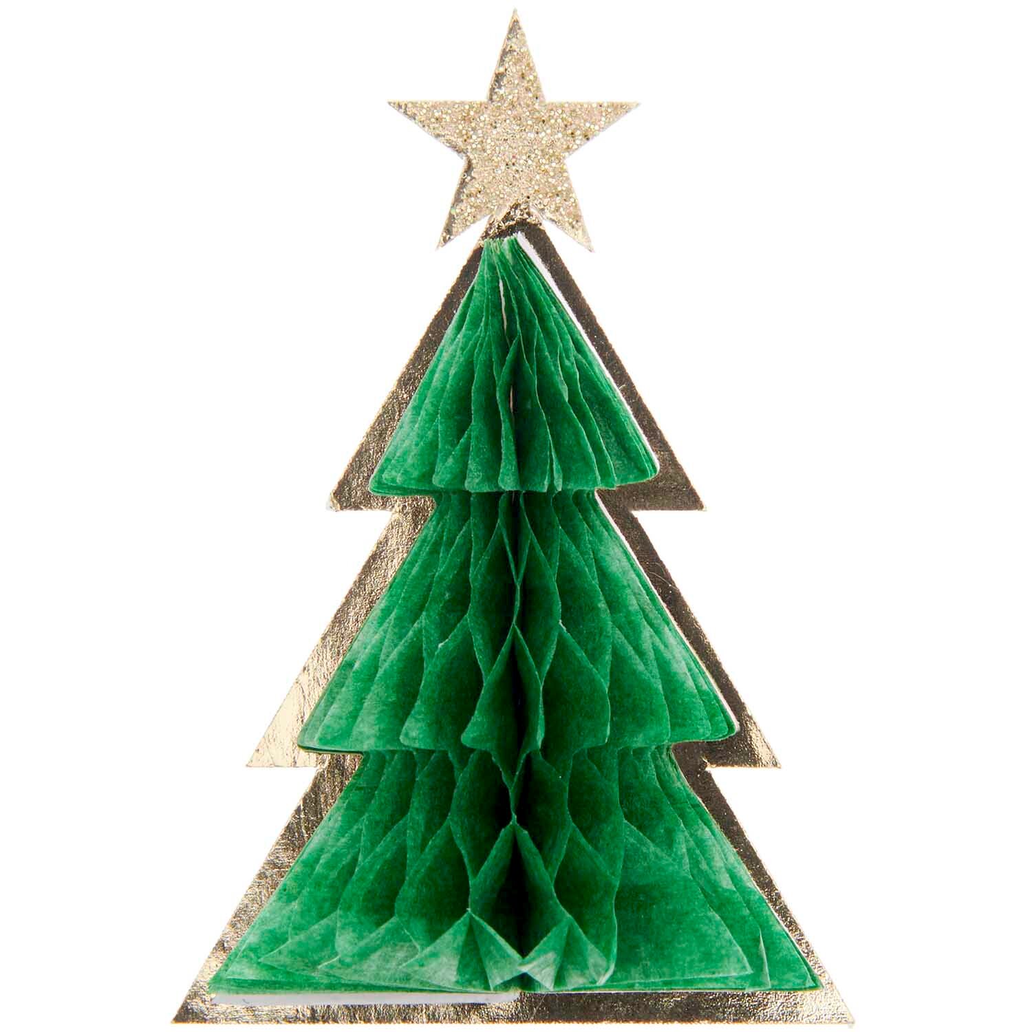 Paper Poetry Wabenpapiersticker zeigt einen grünen Tannenbaum mit goldener Umrandung und Stern. Ideal für festliche Dekorationen. Marke: Rico Design.