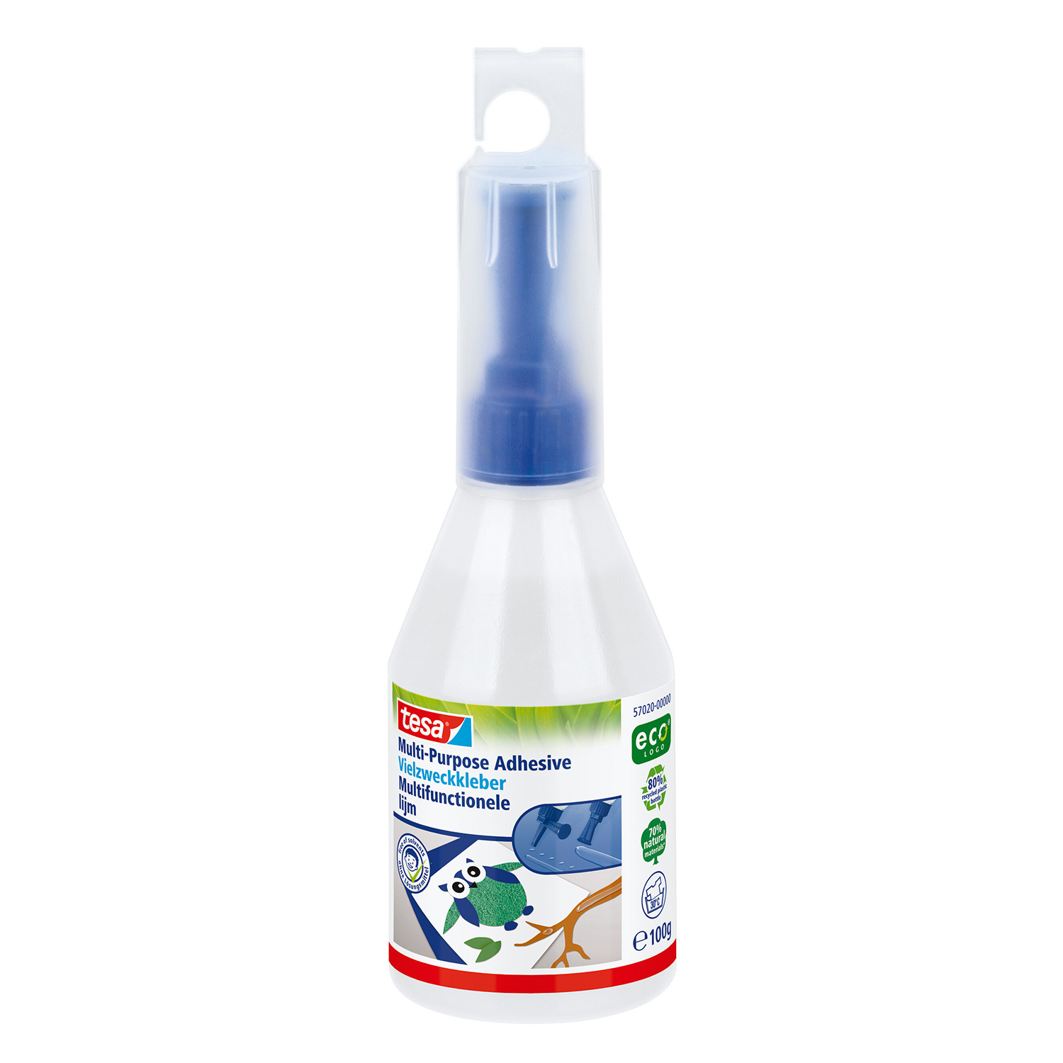 Vielzweckkleber 100g von tesa in einer weißen Flasche mit blauem Deckel, ideal für vielseitige Anwendungen.