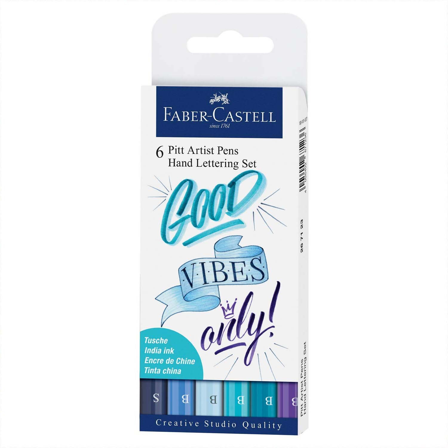 Tuschestift Pitt Artist Pen Handlettering Blautöne 6 Stück von Faber Castell, Verpackung mit blauen Stiften und Schriftzug "Good Vibes Only".