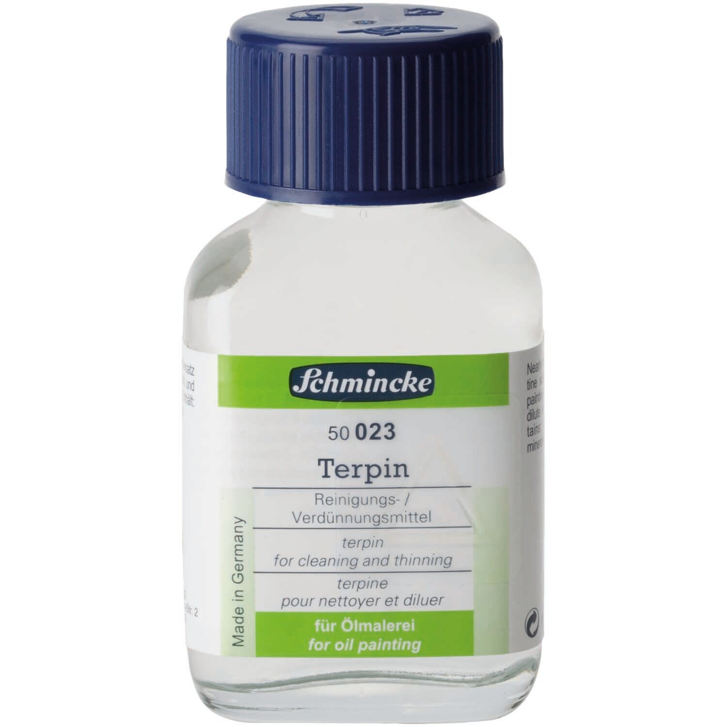 Terpin Reinigungsmittel 60ml von Schmincke in einer klaren Flasche mit blauem Deckel, ideal für Ölmalerei.