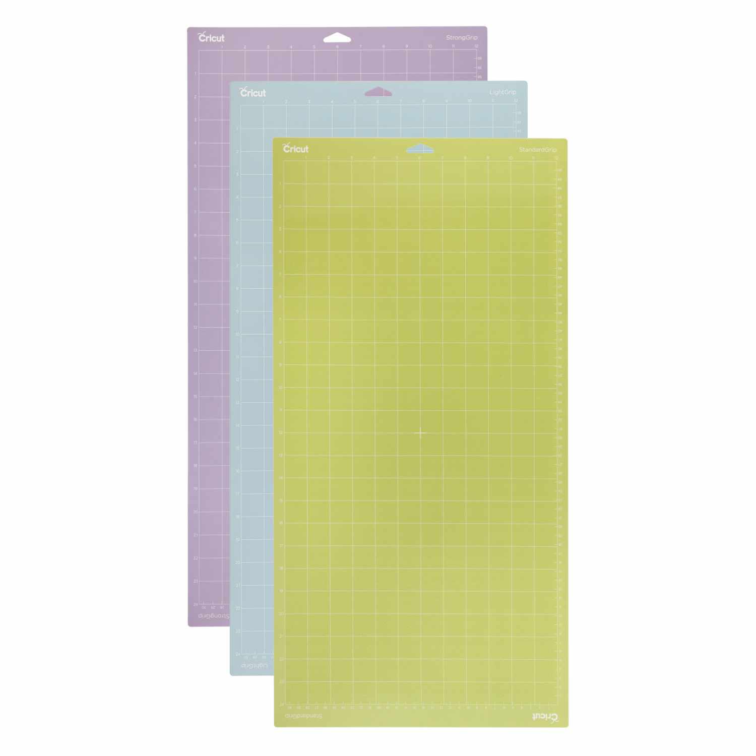 Schneidematten Set 30,5x61cm 3 Stück von Cricut in Gelb, Blau und Lila, ideal für präzises Basteln.