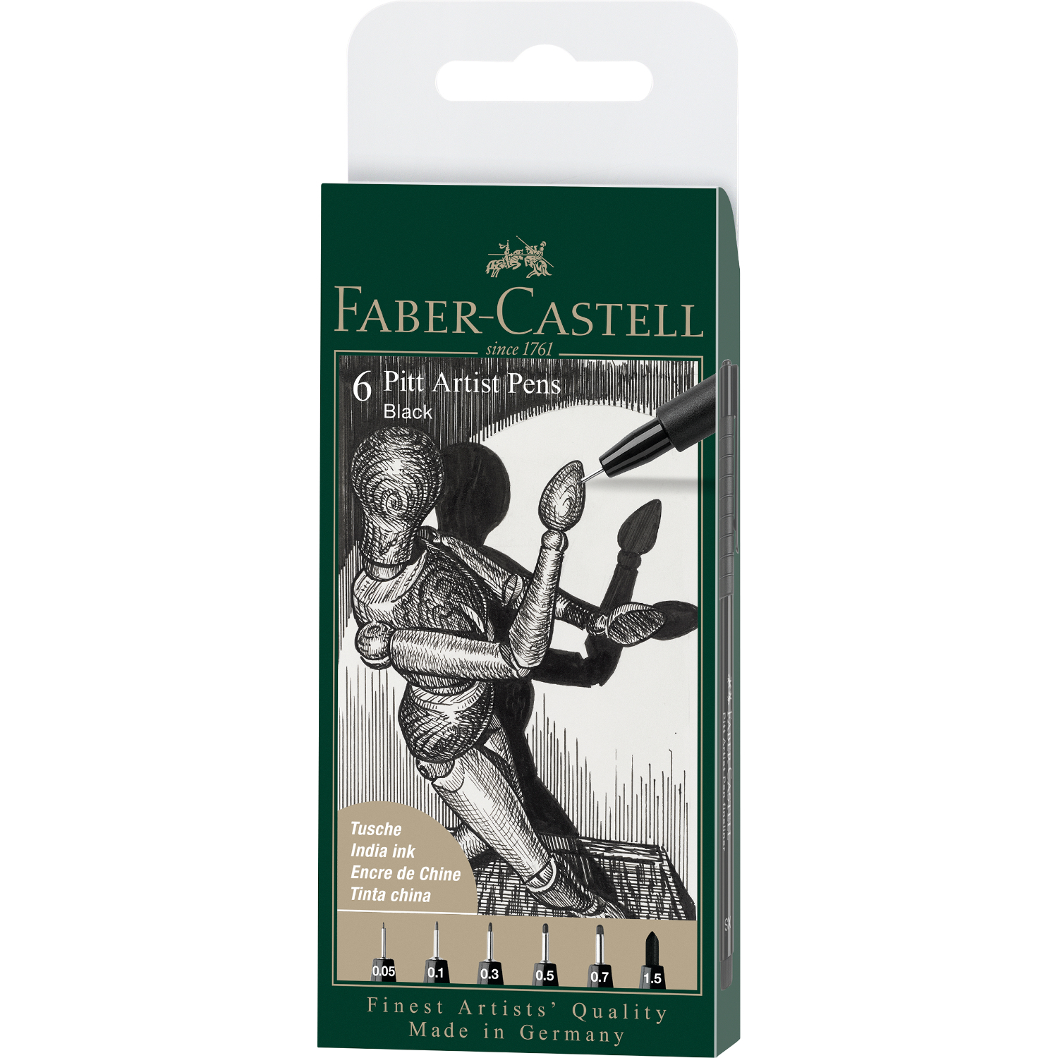 Pitt Artist Pen Tuschestift Set Schwarz, 6-teilig, von Faber Castell. Ideal für präzises Zeichnen und Skizzieren.