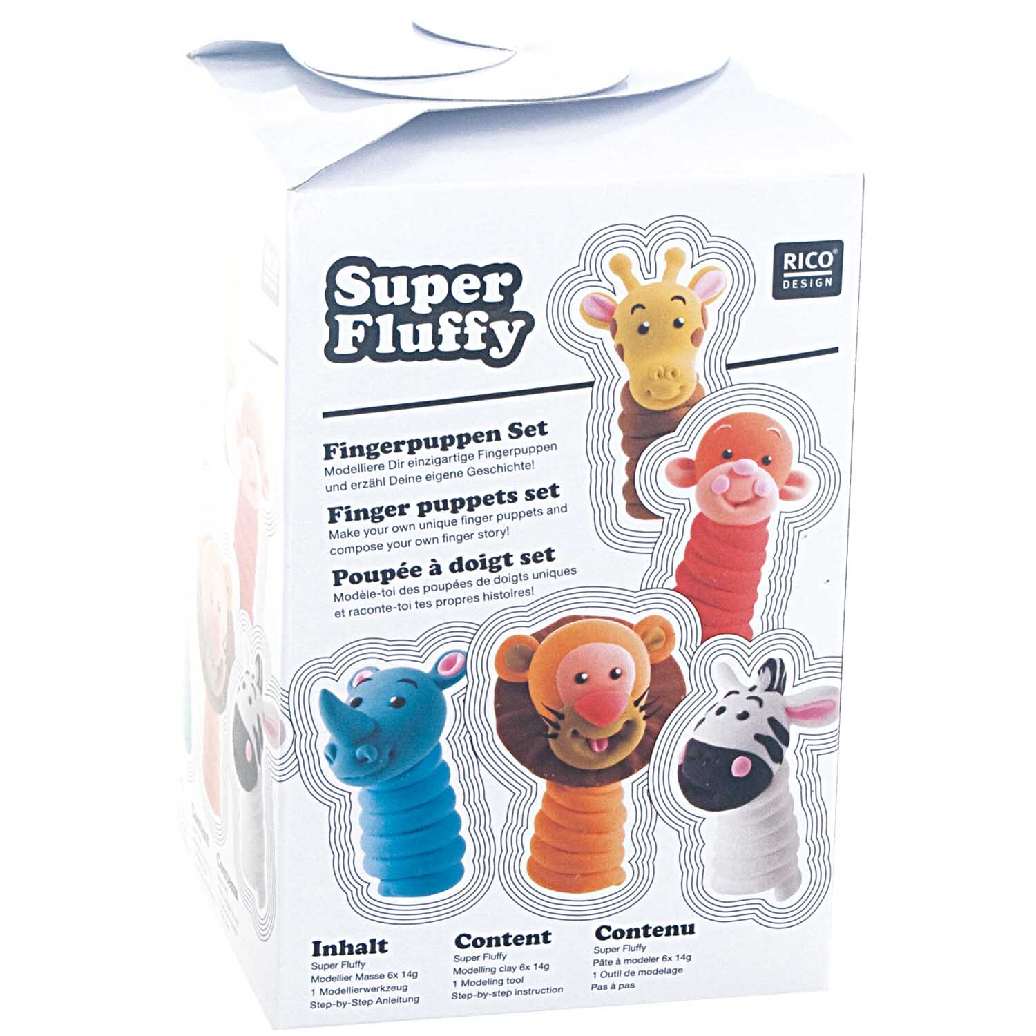 Super Fluffy Set Fingerpuppen: Mehrfarbige Fingerpuppen in Tierform von Rico Design auf weißer Verpackung.