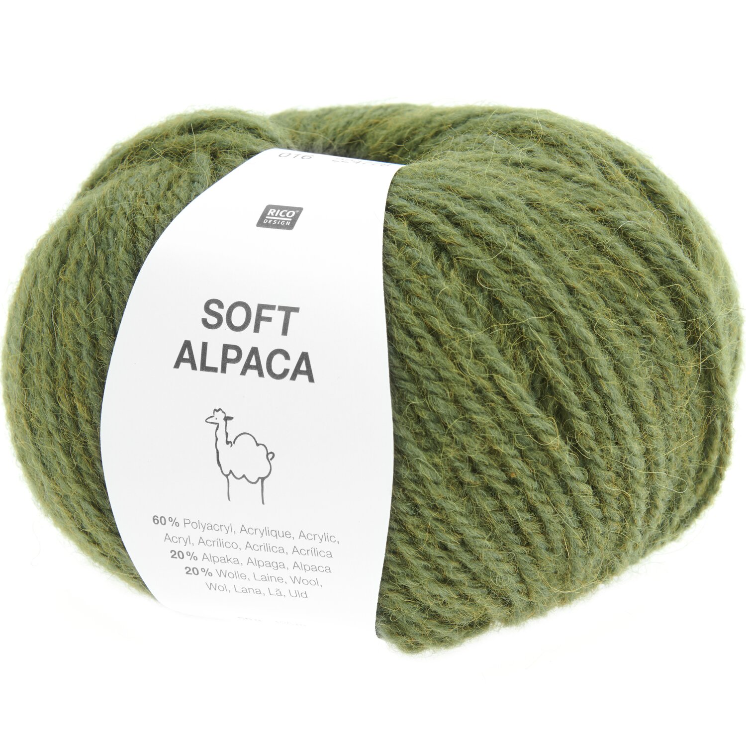 Soft Alpaca Wolle in Oliv von Rico Design, 50g Knäuel, ideal für Strickprojekte.