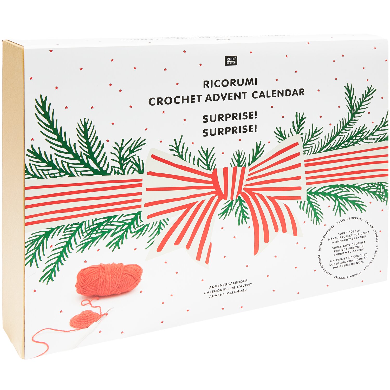 Ricorumi Adventskalender von Rico Design mit festlichem Design in Rot und Grün, ideal für Häkelbegeisterte.