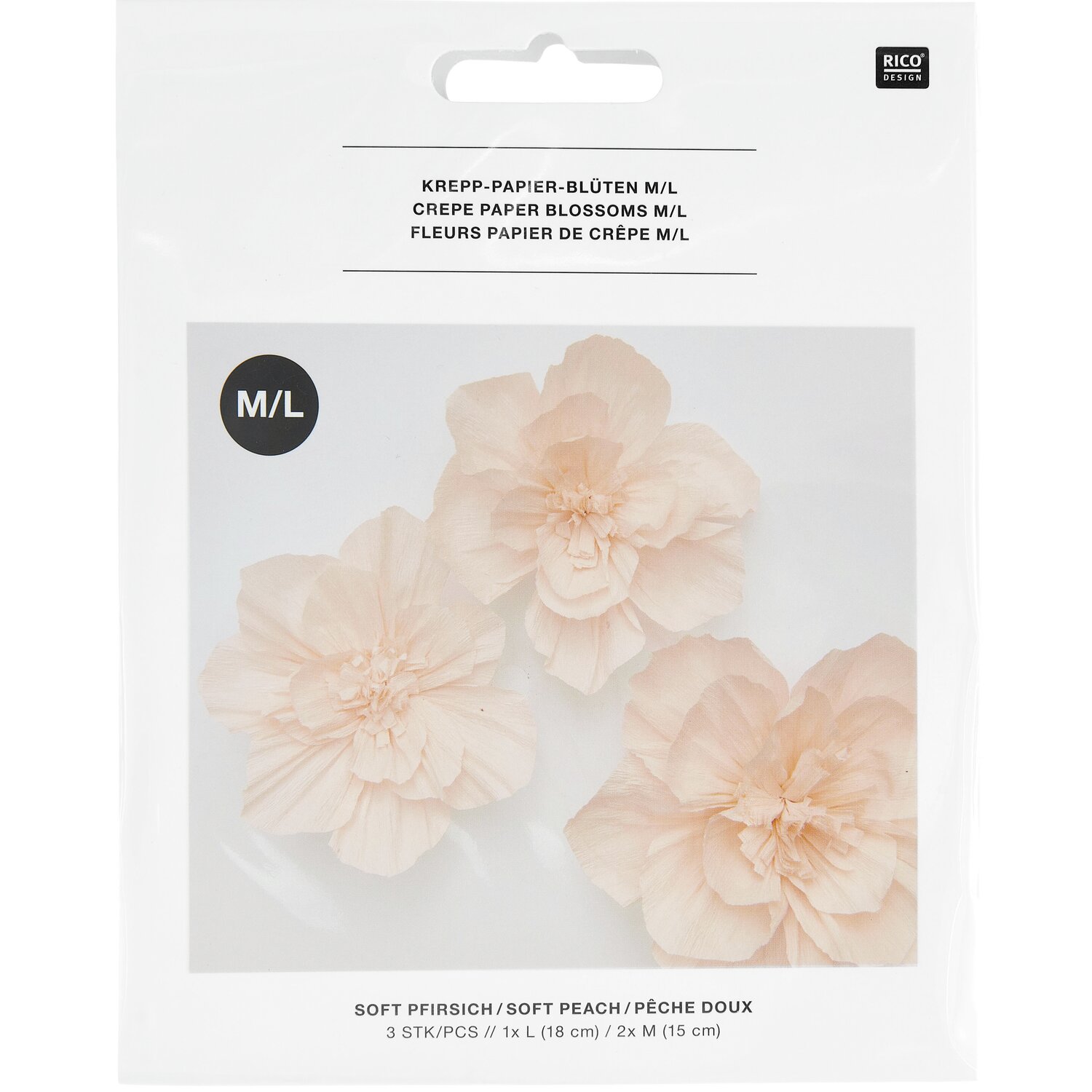 Krepppapier Blüten in sanftem Pfirsichton, 3 Stück von Rico Design, ideal für kreative Dekorationen.