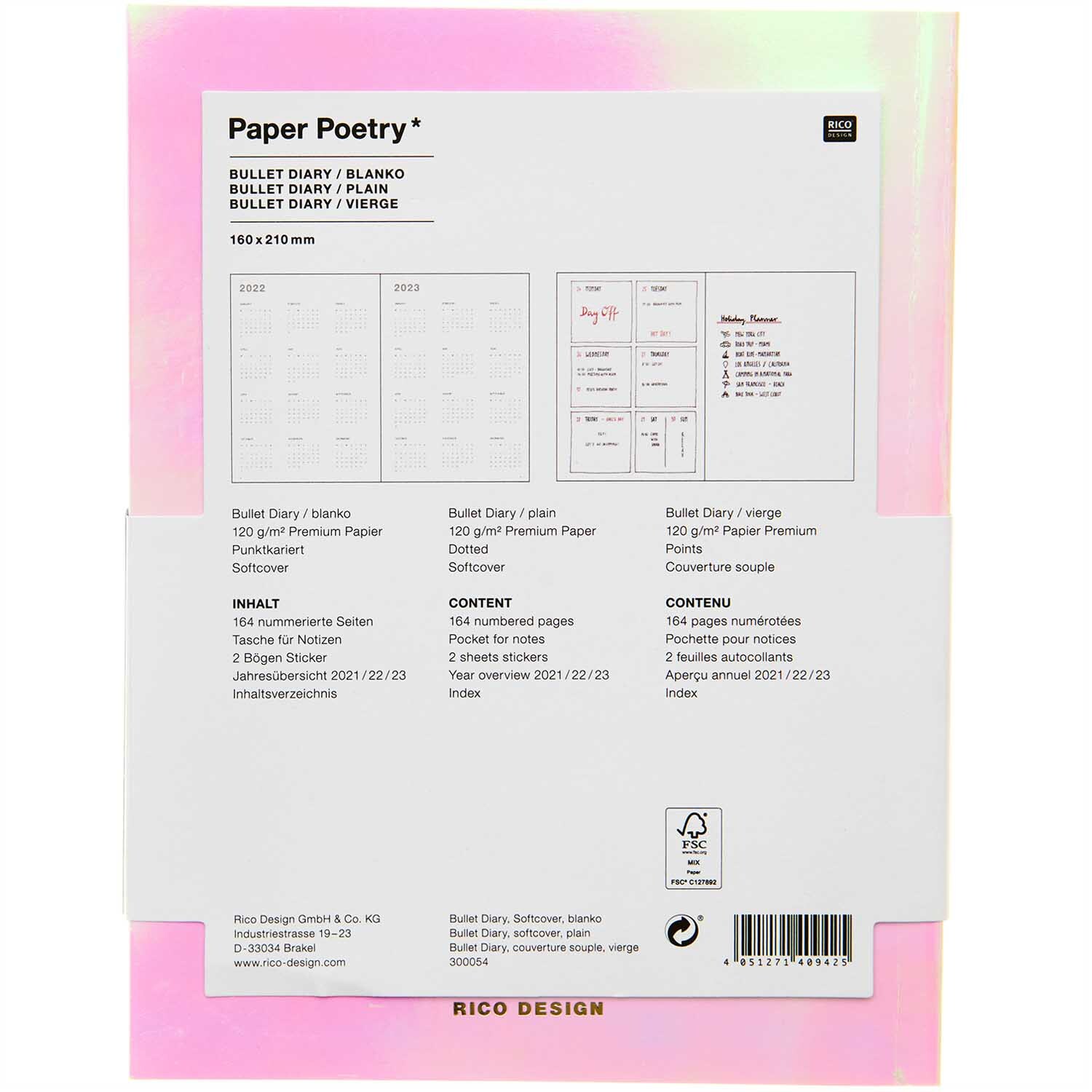 Paper Poetry Bullet Diary Softcover mit irisierendem Cover, 16x21cm, 80 Blatt, von Rico Design.