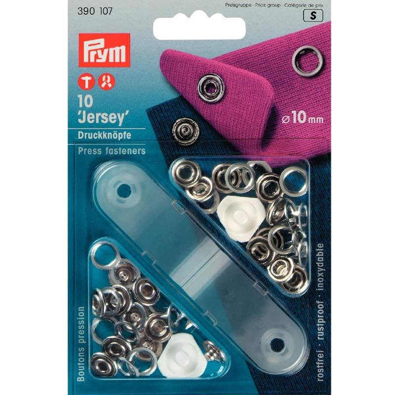 Druckknöpfe Jersey Ring in silber, 10mm, 10 Stück von Prym, auf blauem Hintergrund mit Verpackung.