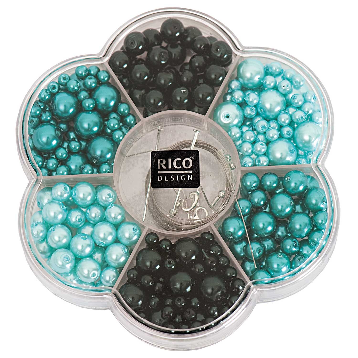 Renaissance Perlen-Set türkis Mix von Rico Design in Blumenform mit verschiedenen Perlenarten. Ideal für Schmuckherstellung und kreative Projekte.