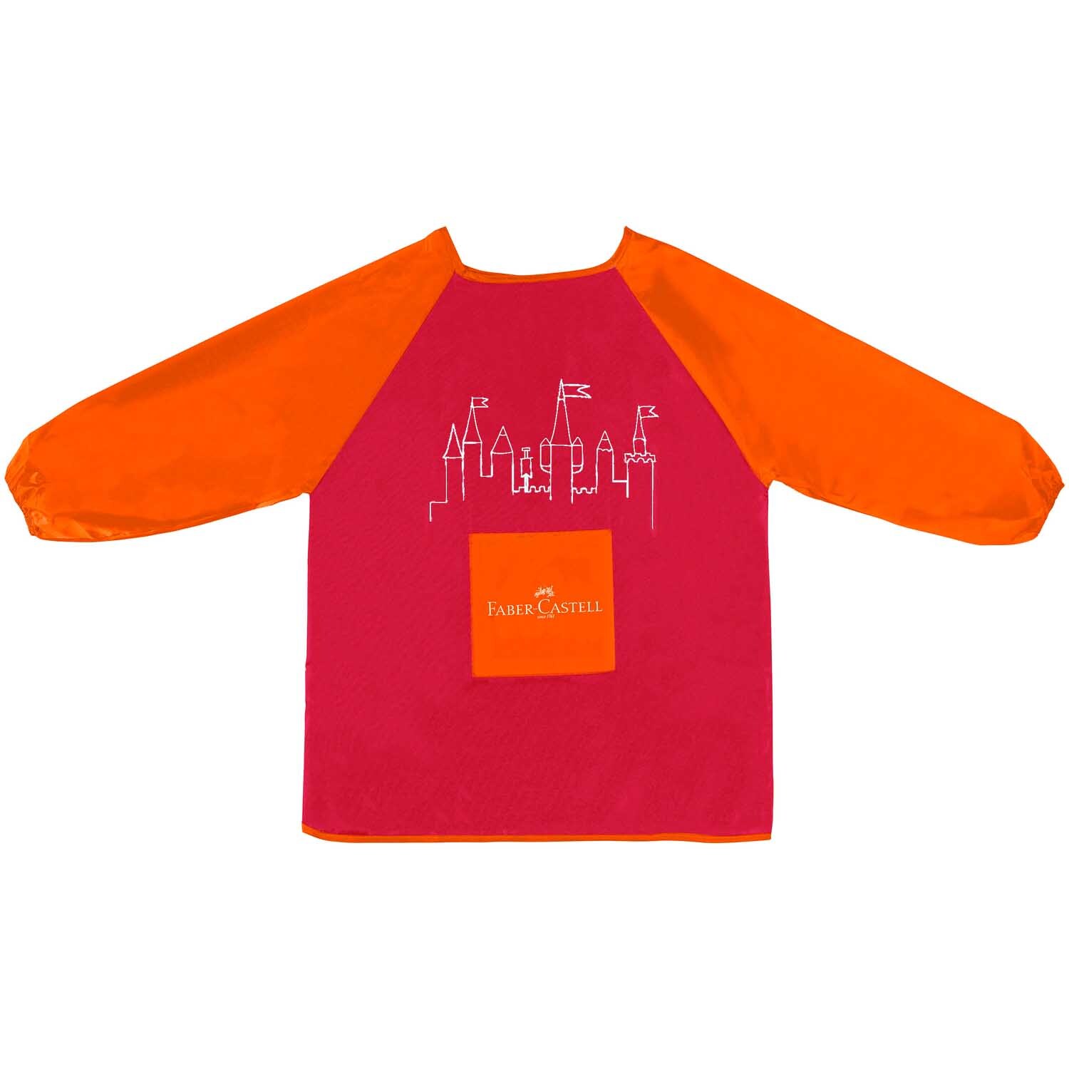 Malschürze für Kinder in leuchtendem Rot und Orange von Faber Castell, mit kindgerechtem Design.