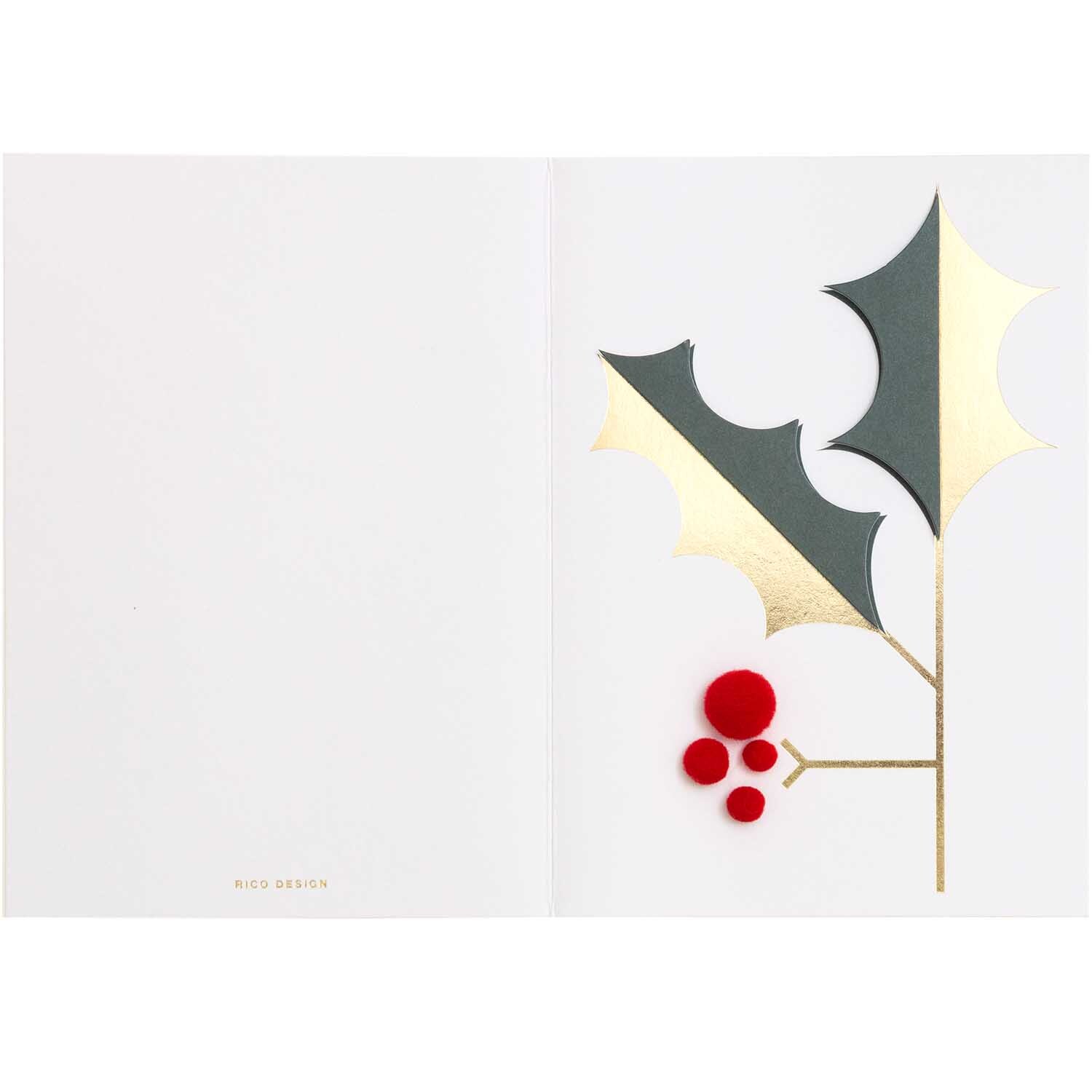 Paper Poetry 3D-Karte Mistelzweig B6 zeigt einen stilisierten Mistelzweig mit roten Beeren auf weißem Hintergrund, von Rico Design.