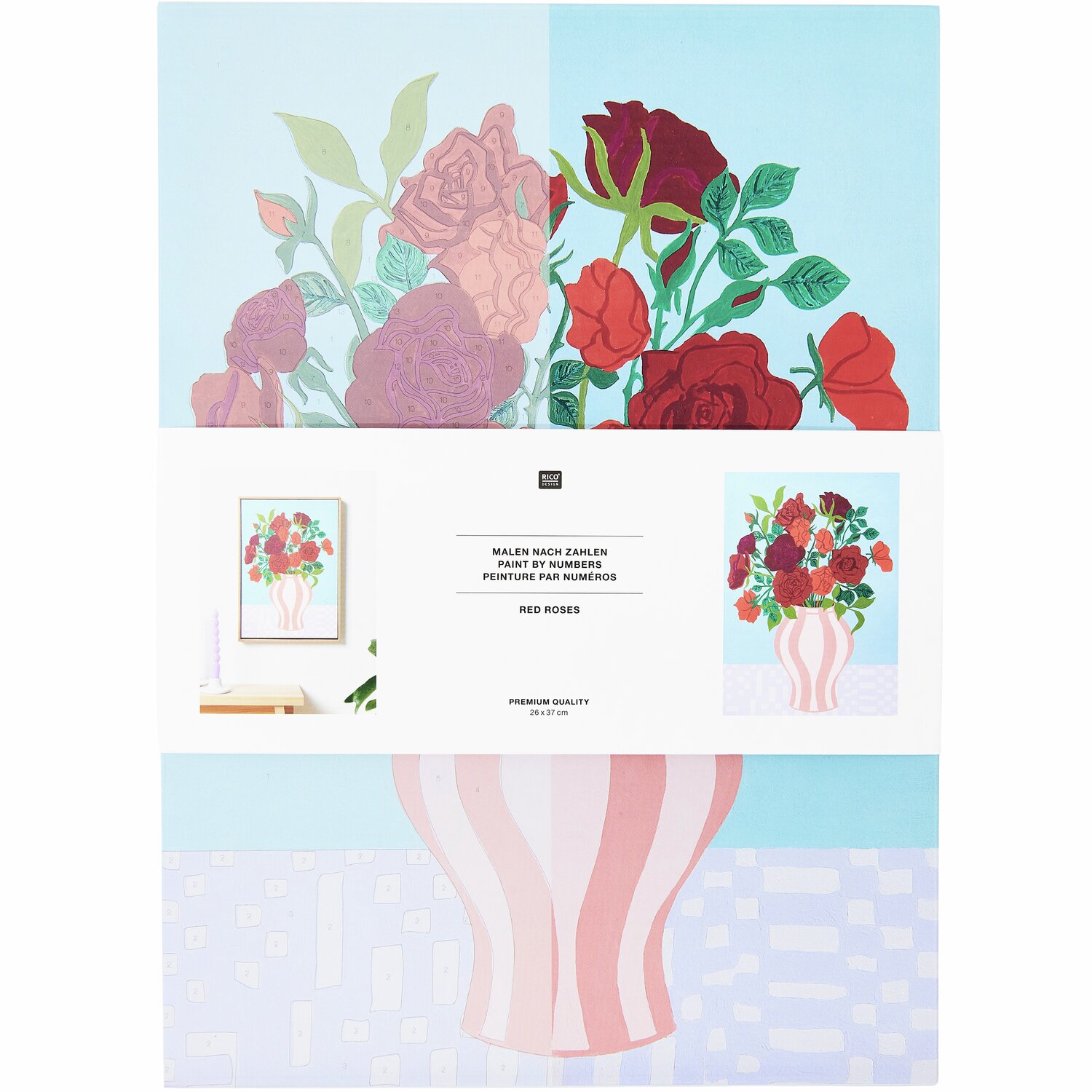 Malen nach Zahlen Rote Rosen zeigt ein florales Design mit roten Rosen in einer Vase, ideal für kreative Projekte. Größe: 26x37cm. Marke: Rico Design.