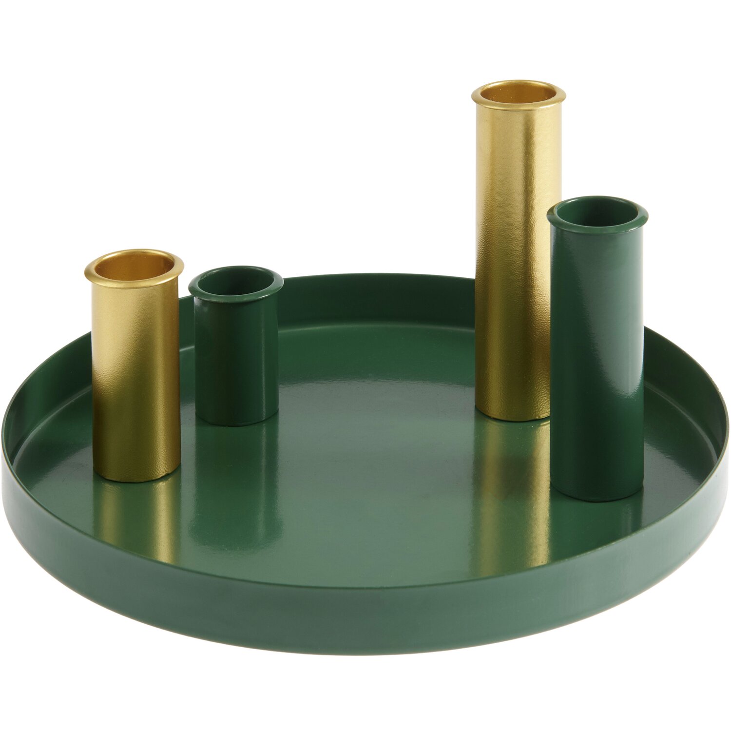 Metalltablett inkl. 4 magnetischen Kerzenhalter, grün/gold, Ø20cm. Elegantes Design von Rico Design. Ideal für stilvolle Dekorationen.