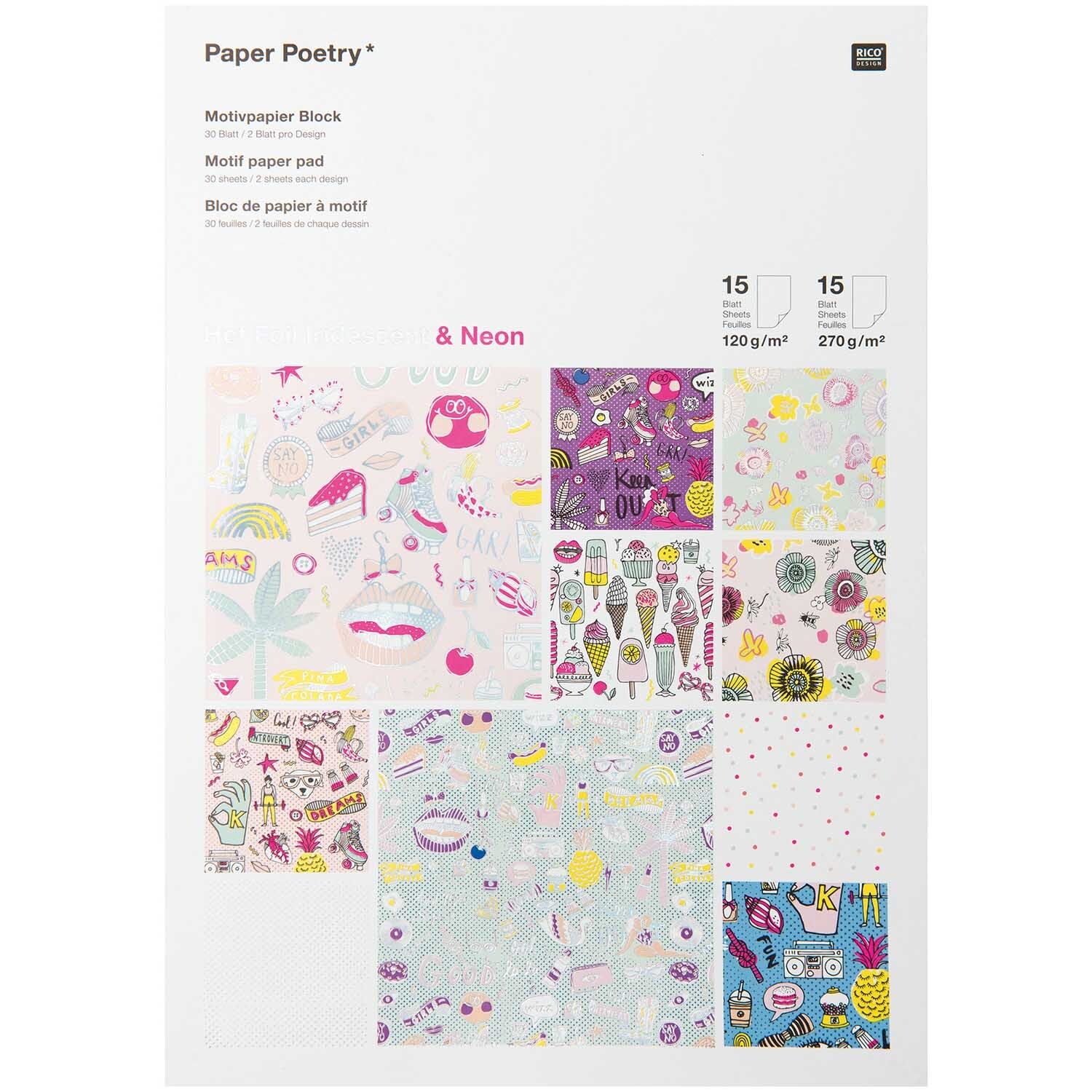 Paper Poetry Motivpapier Block for Girls zeigt bunte Neonmuster auf 30 Blättern, ideal für kreative Projekte.